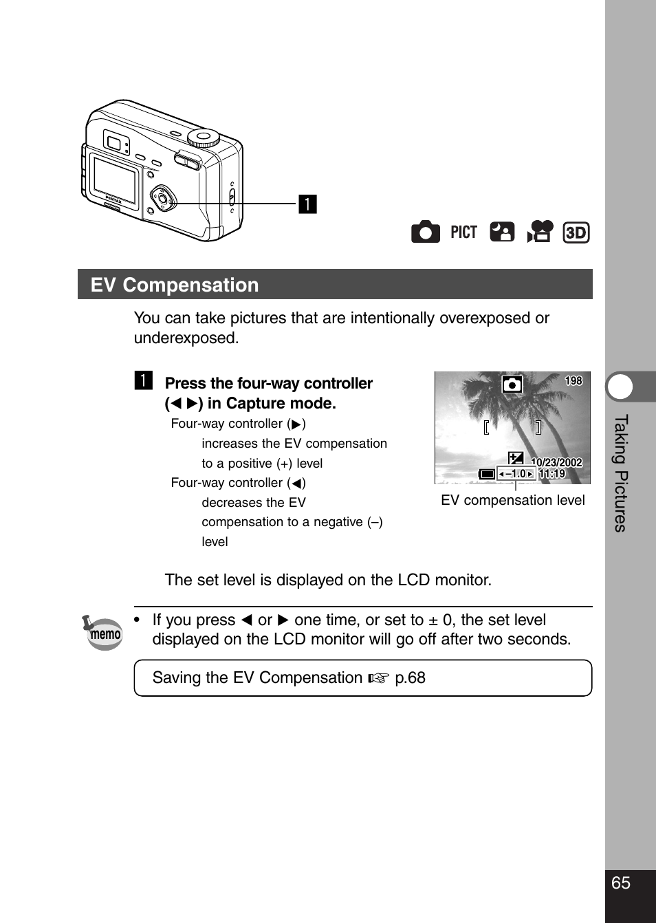 Ev compensation, 65 t aking pictures | Pentax Optio 330 GS User Manual | Page 67 / 116