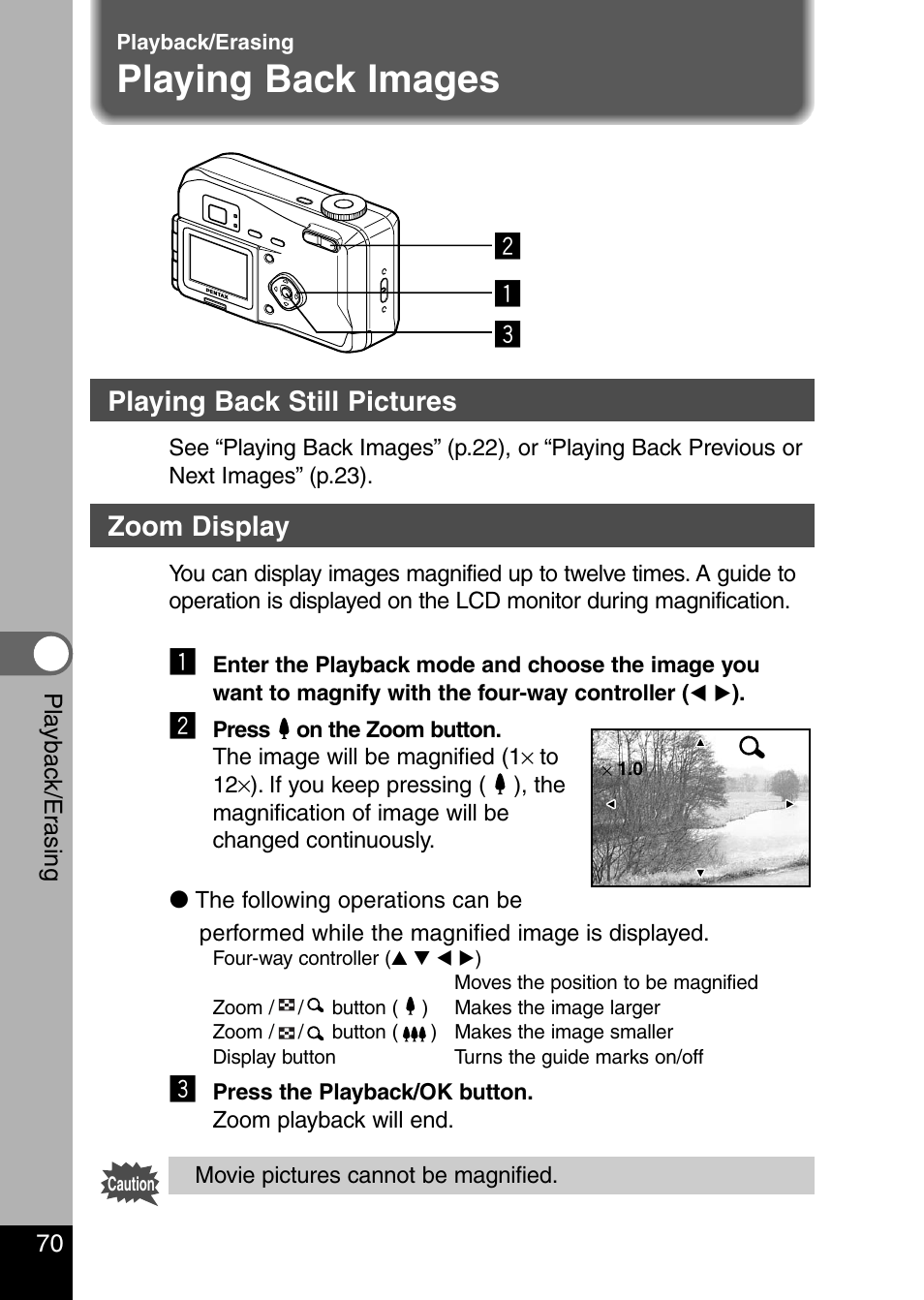 Playing back images, X z c, Playing back still pictures | Zoom display | Pentax Optio 330 GS User Manual | Page 72 / 116