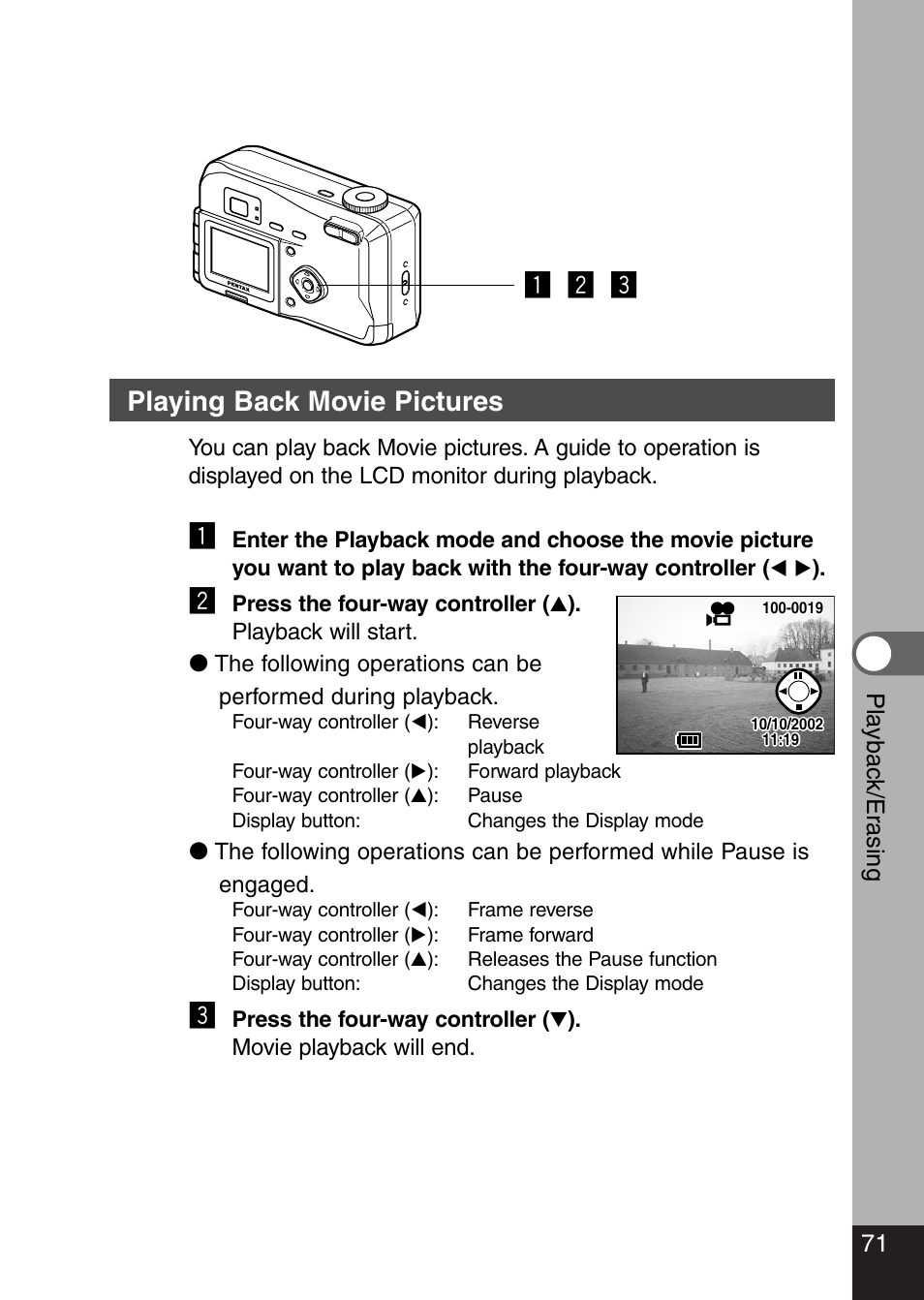 Z x c, Playing back movie pictures, 71 pla ybac k/er asing | Pentax Optio 330 GS User Manual | Page 73 / 116