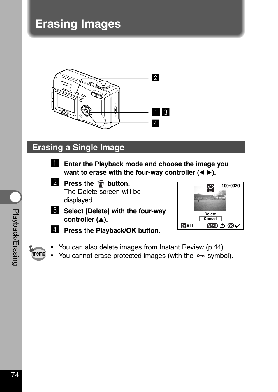Erasing images, Erasing a single image | Pentax Optio 330 GS User Manual | Page 76 / 116