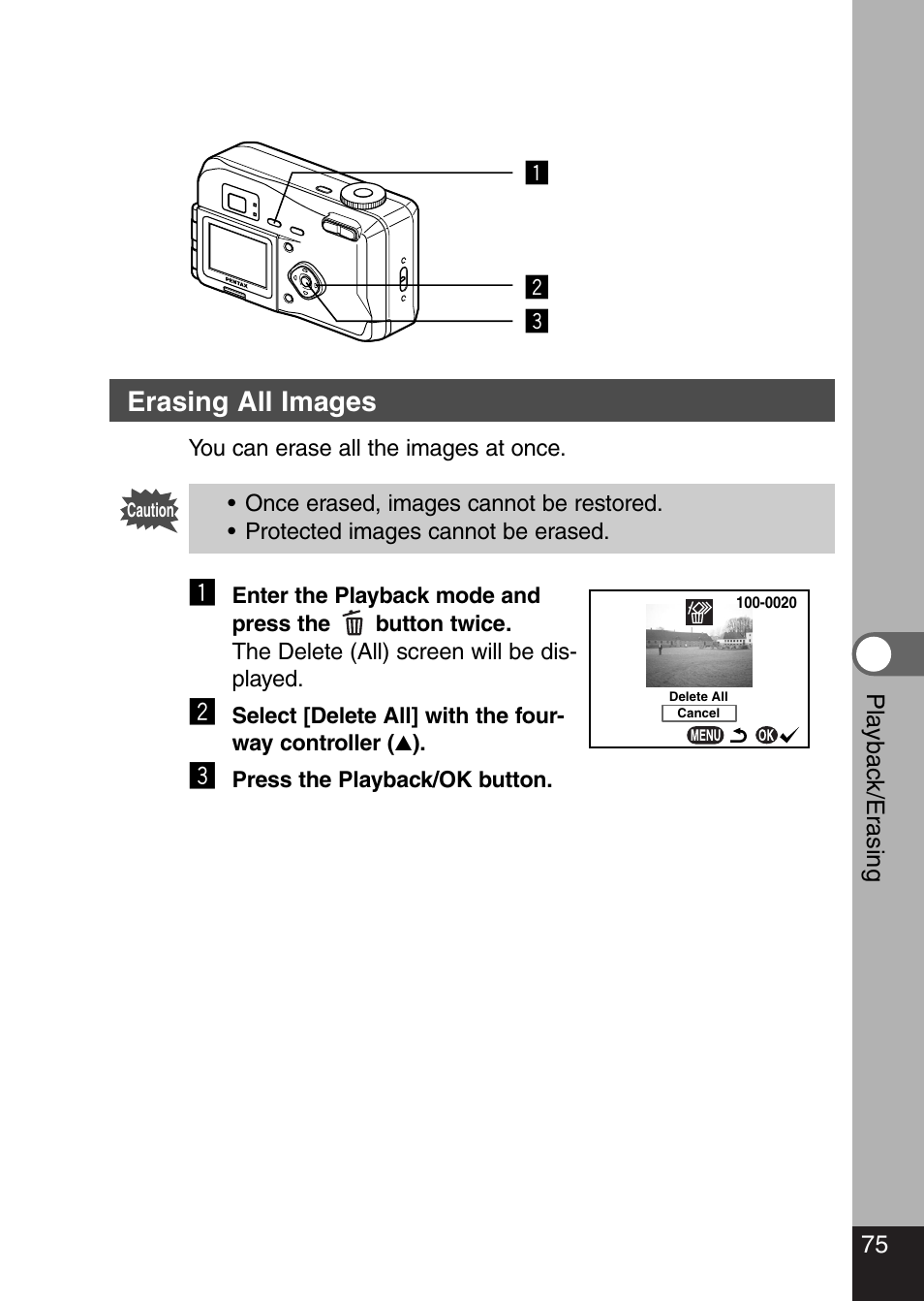 Erasing all images | Pentax Optio 330 GS User Manual | Page 77 / 116