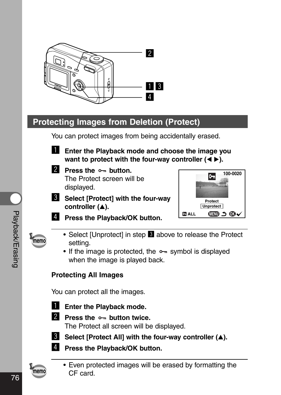 Xz c v, Protecting images from deletion (protect) | Pentax Optio 330 GS User Manual | Page 78 / 116