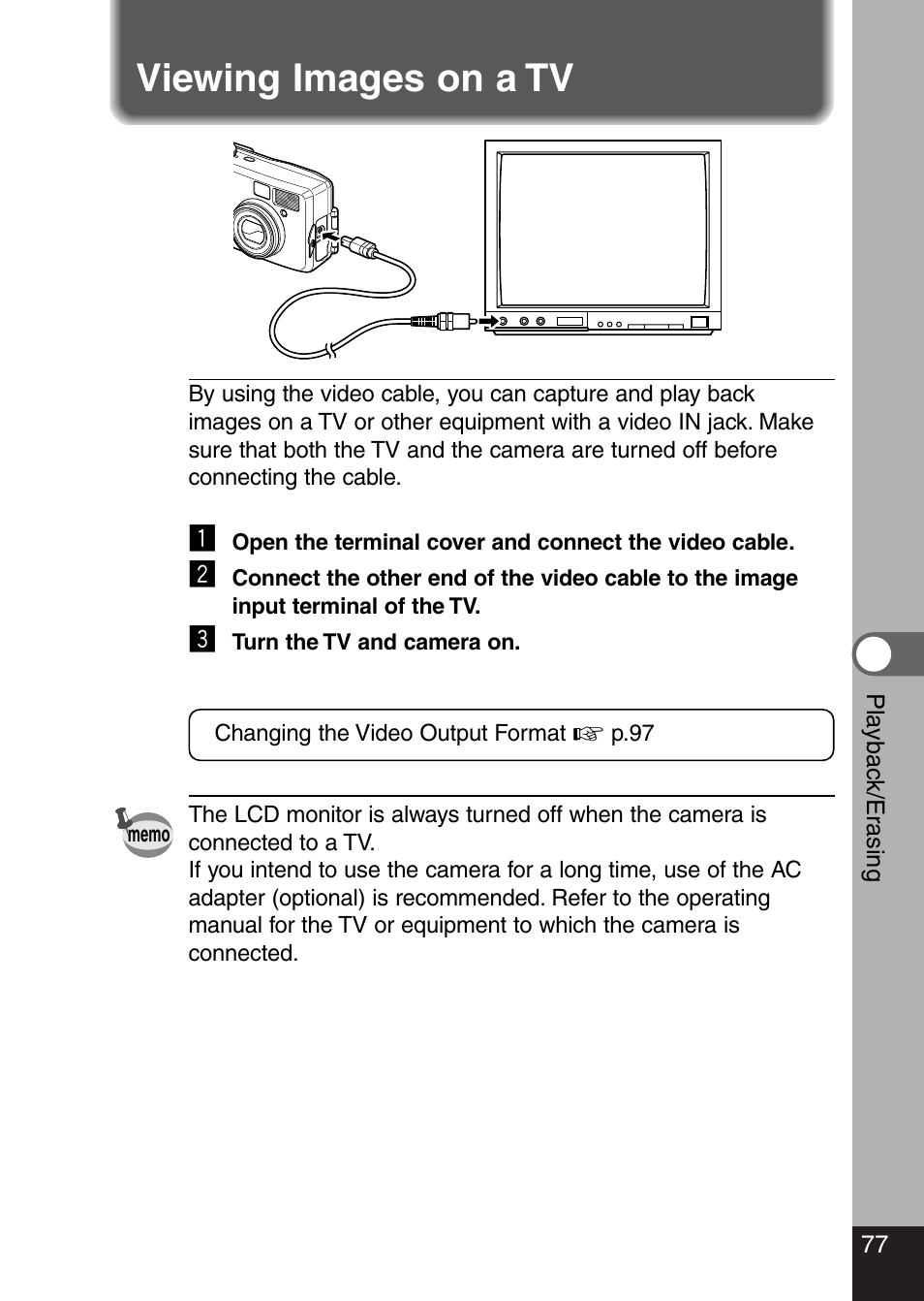 Viewing images on a tv | Pentax Optio 330 GS User Manual | Page 79 / 116