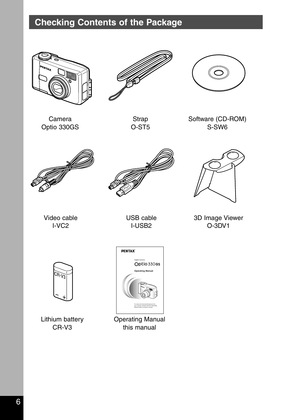 Checking contents of the package | Pentax Optio 330 GS User Manual | Page 8 / 116