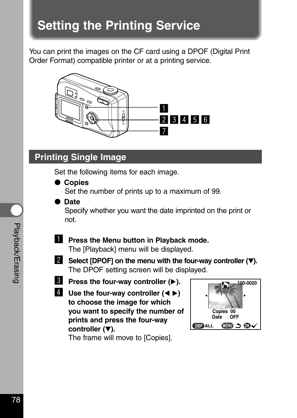 Setting the printing service, Printing single image | Pentax Optio 330 GS User Manual | Page 80 / 116