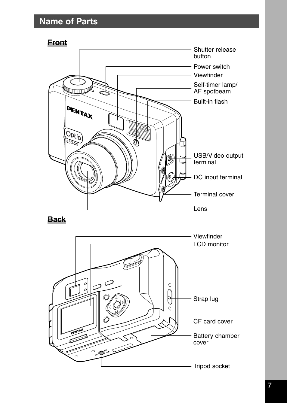 Name of parts, Front back 7 | Pentax Optio 330 GS User Manual | Page 9 / 116