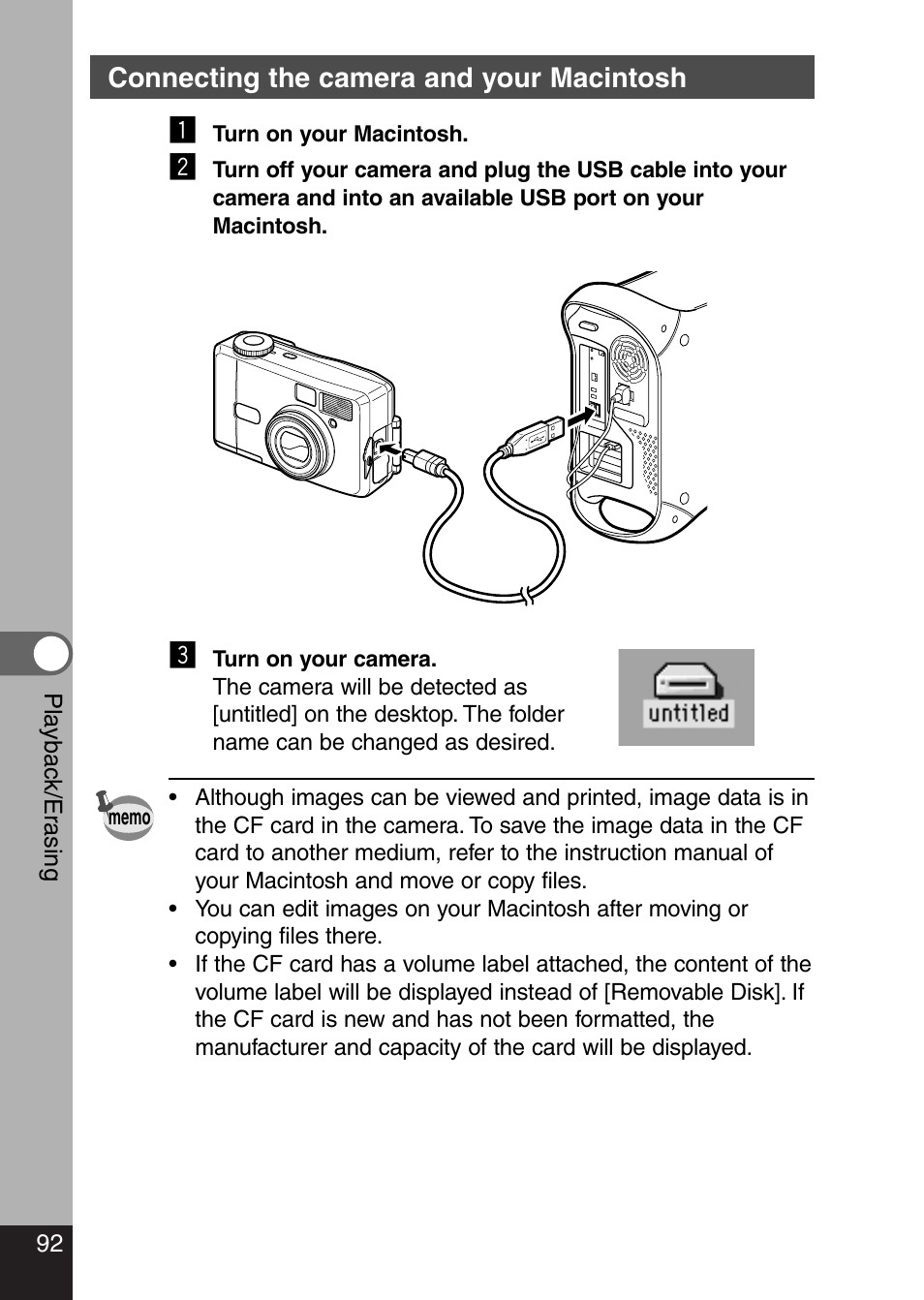 Connecting the camera and your macintosh | Pentax Optio 330 GS User Manual | Page 94 / 116