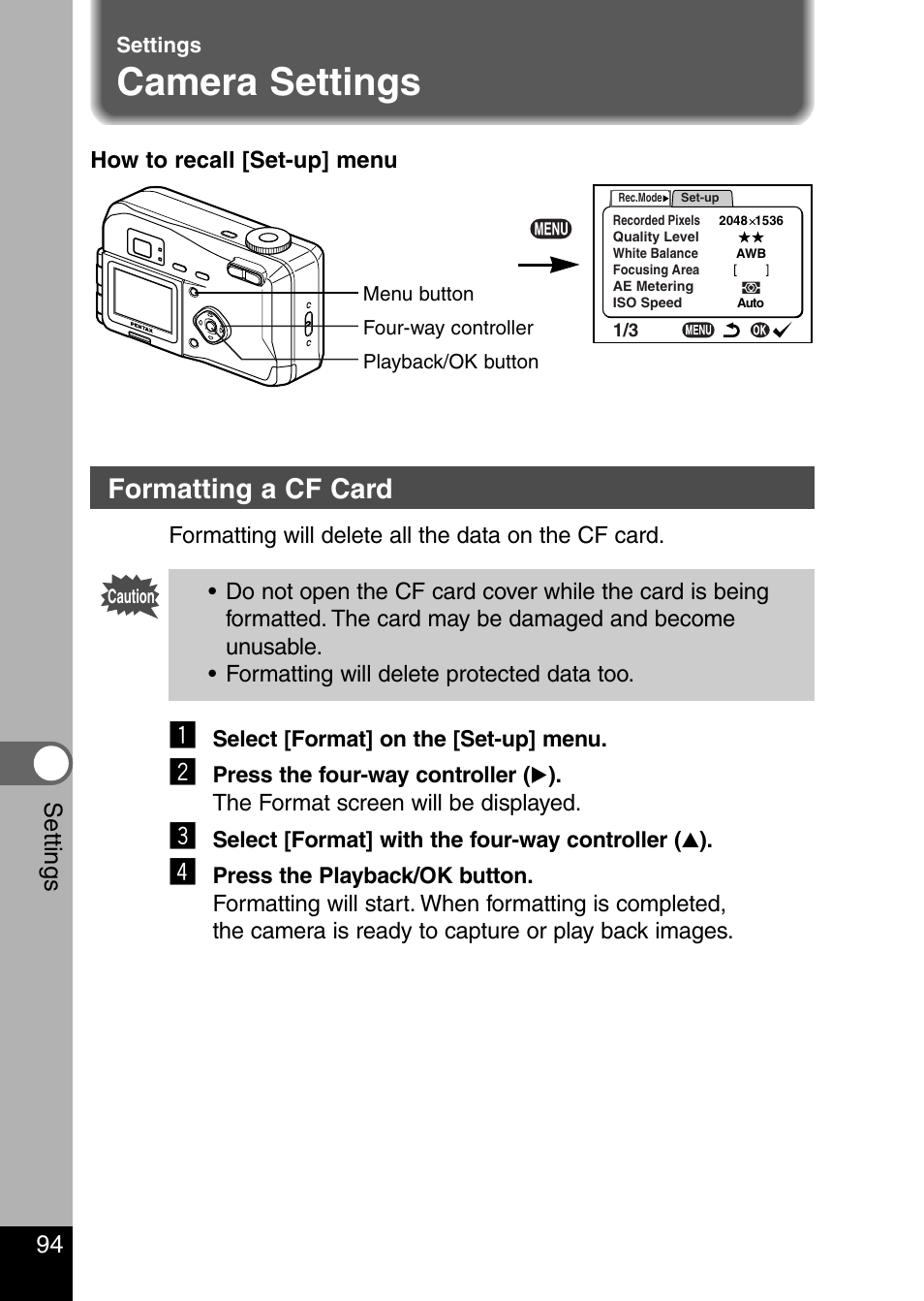 Camera settings, Formatting a cf card, Settings | Pentax Optio 330 GS User Manual | Page 96 / 116