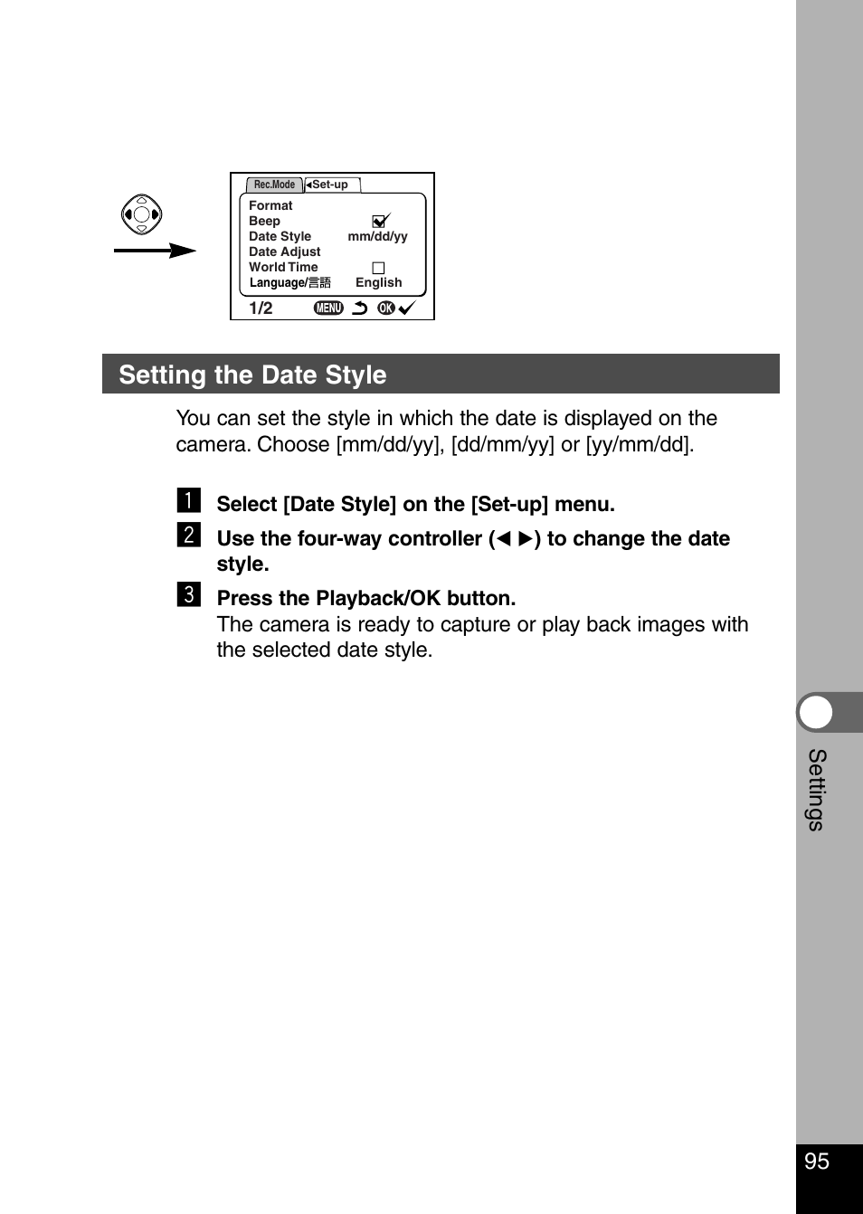Setting the date style, 95 settings | Pentax Optio 330 GS User Manual | Page 97 / 116