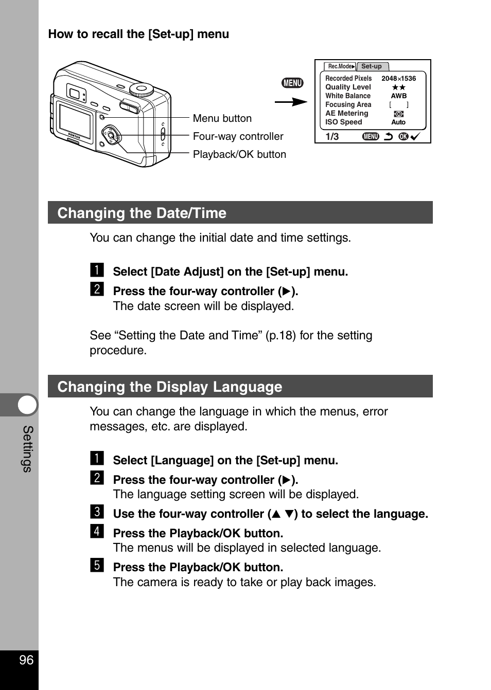 Changing the date/time, Changing the display language | Pentax Optio 330 GS User Manual | Page 98 / 116