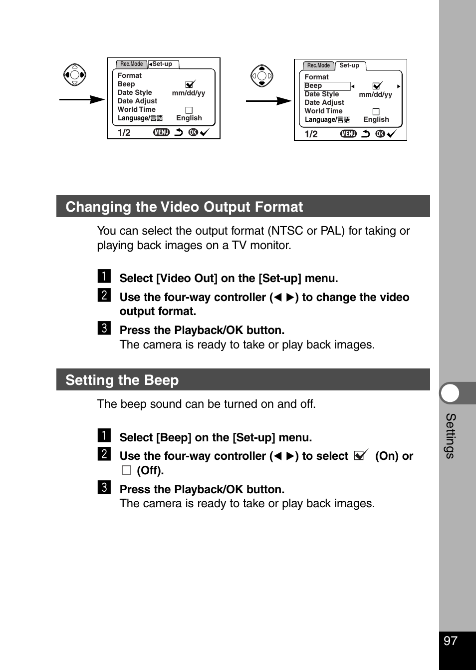 Changing the video output format, Setting the beep, 97 settings | Pentax Optio 330 GS User Manual | Page 99 / 116