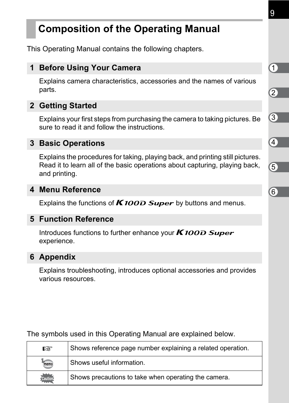 Composition of the operating manual | Pentax K 100D Super User Manual | Page 11 / 220