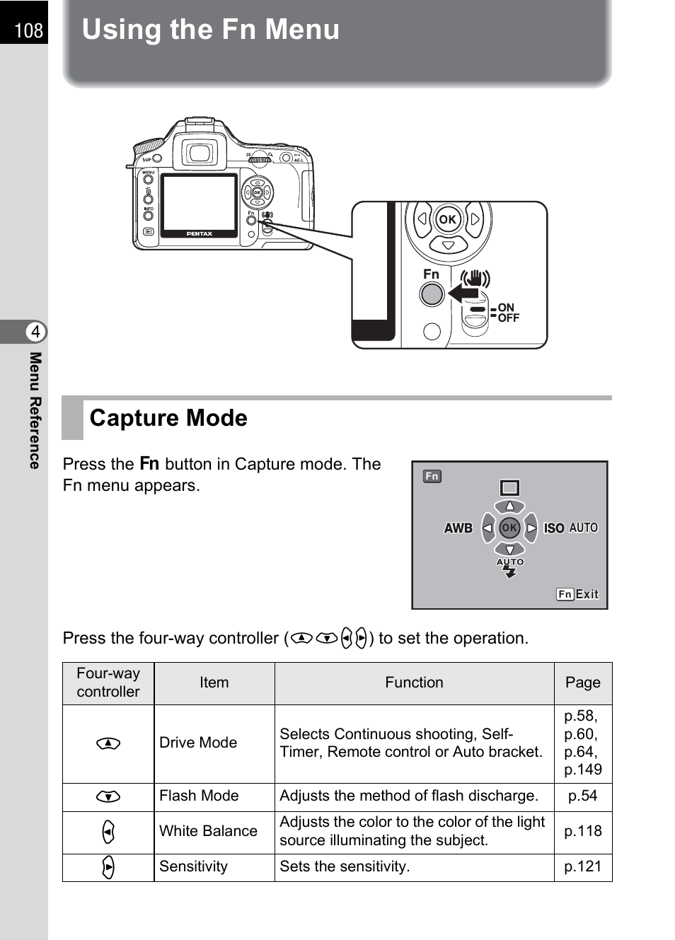 Using the fn menu, Capture mode, P.108 | P.108), Ng operation. (p.108) | Pentax K 100D Super User Manual | Page 110 / 220