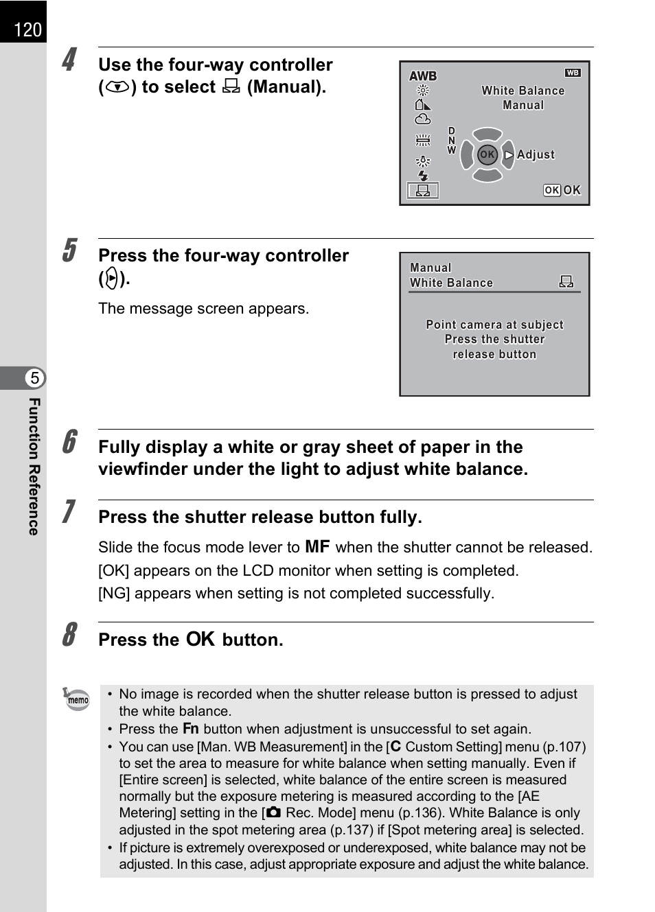 Press the four-way controller ( p ), Press the shutter release button fully, Press the 4 button | Pentax K 100D Super User Manual | Page 122 / 220