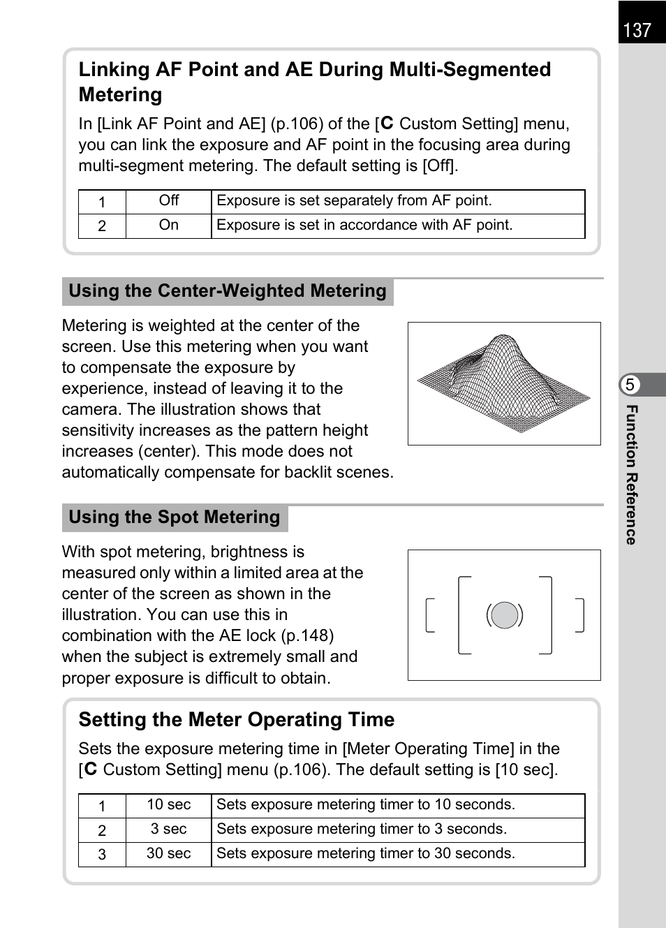 P.137, P.137) if [s, Setting the meter operating time | Pentax K 100D Super User Manual | Page 139 / 220