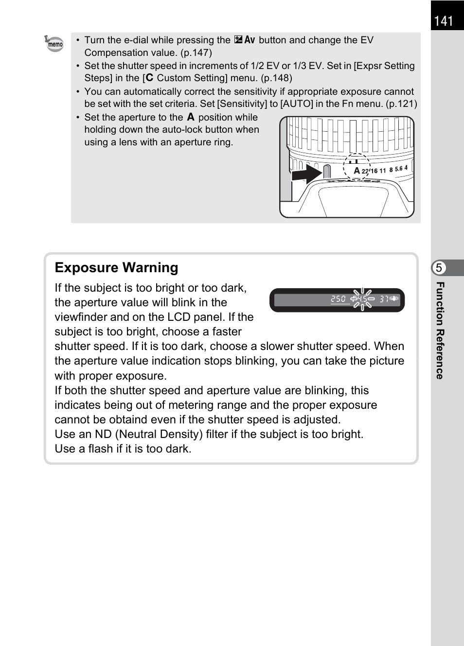 Exposure warning | Pentax K 100D Super User Manual | Page 143 / 220
