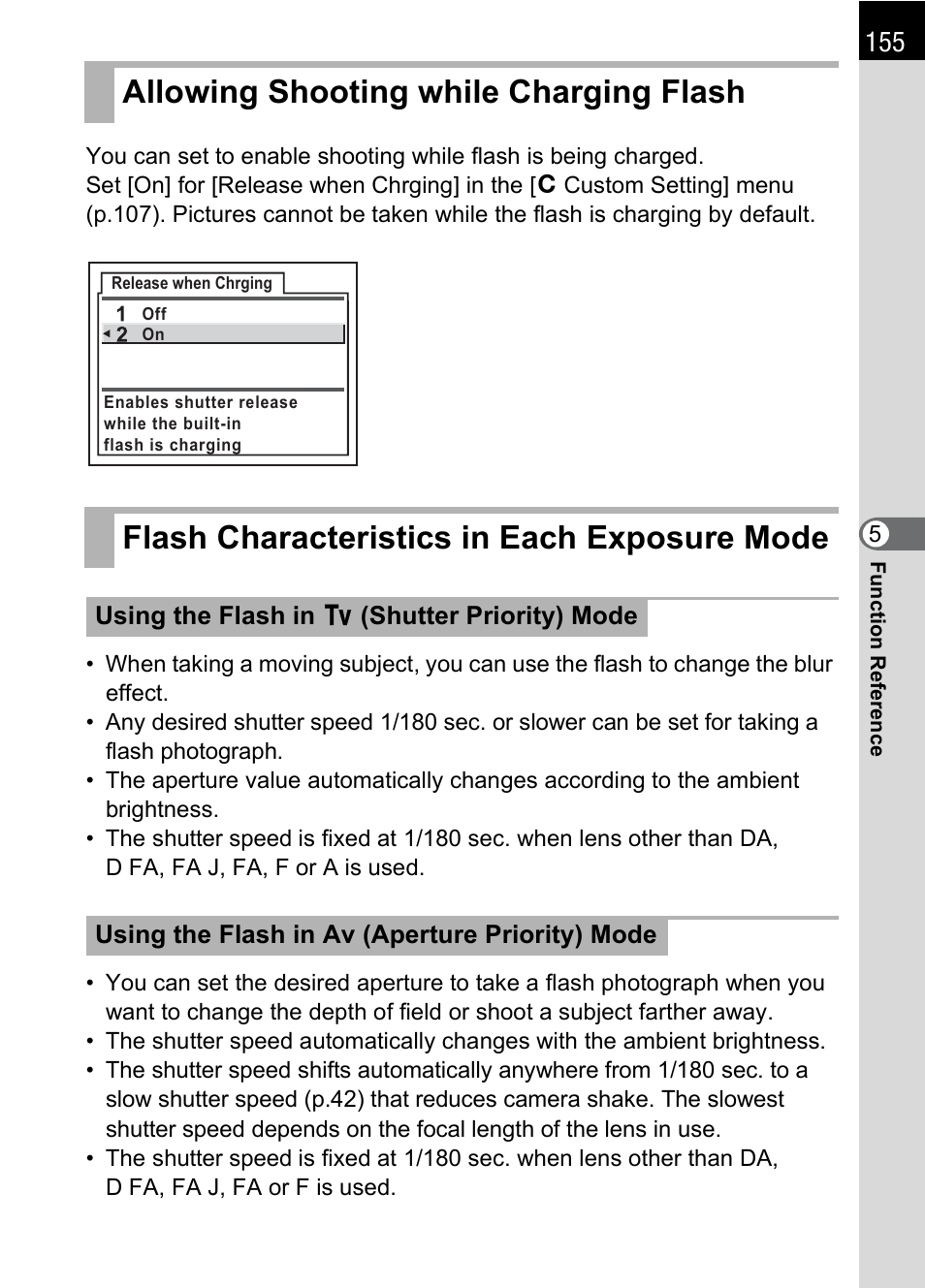 Allowing shooting while charging flash, Flash characteristics in each exposure mode, P.155) | P.155 | Pentax K 100D Super User Manual | Page 157 / 220