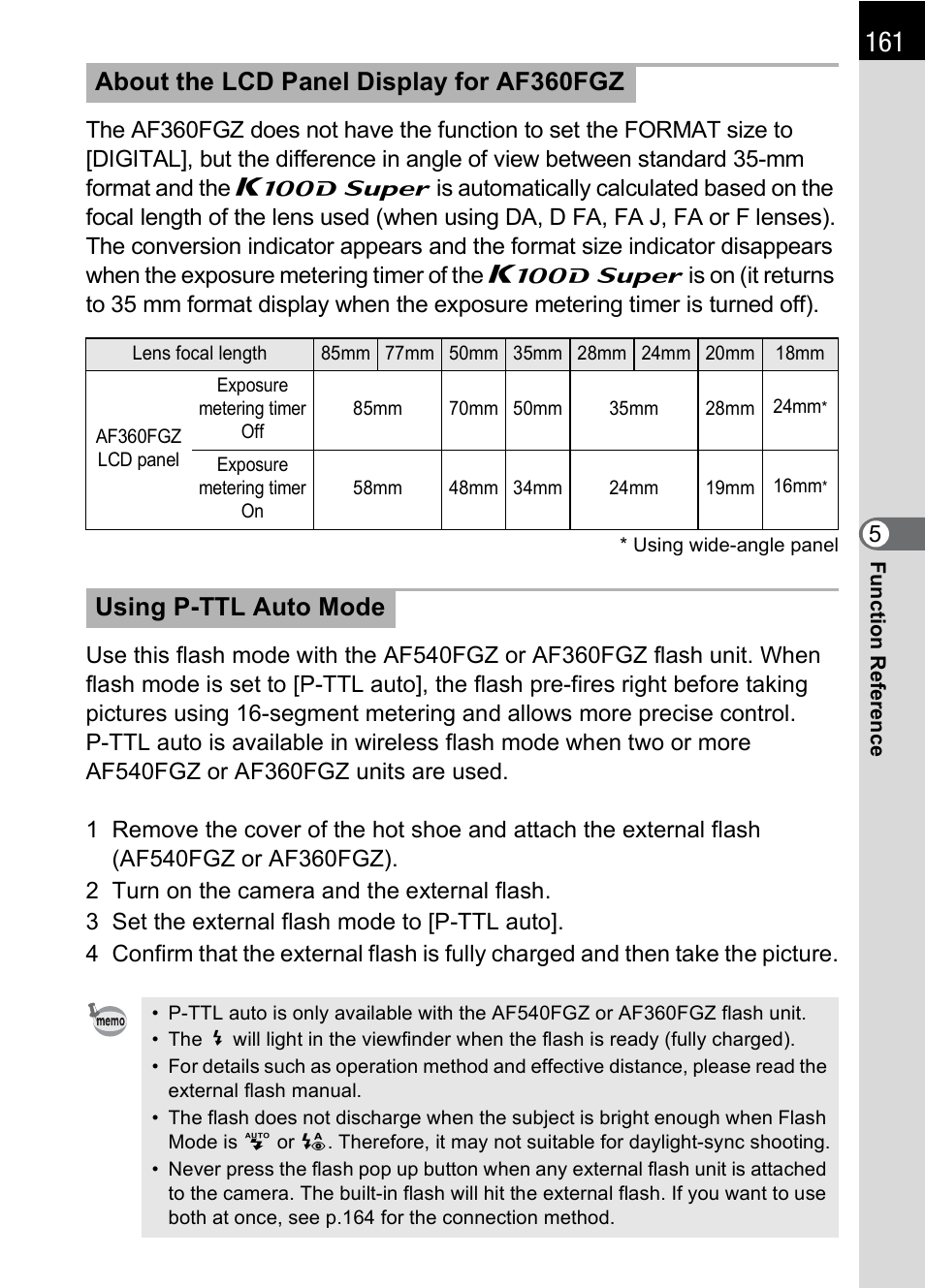 About the lcd panel display for af360fgz, Using p-ttl auto mode | Pentax K 100D Super User Manual | Page 163 / 220