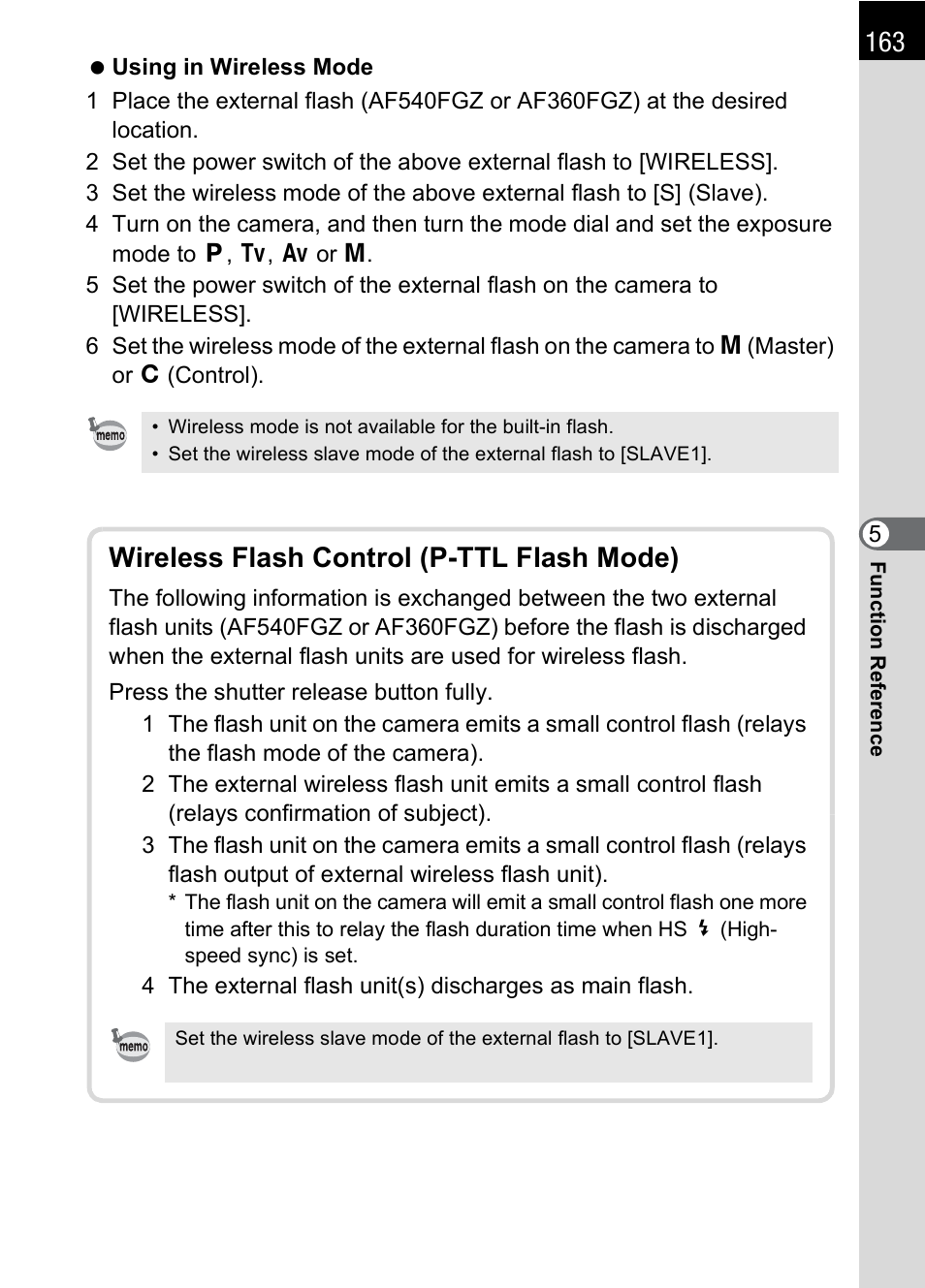 Wireless flash control (p-ttl flash mode) | Pentax K 100D Super User Manual | Page 165 / 220