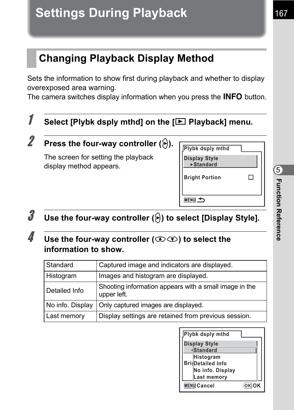 Settings during playback, Changing playback display method, P.167 | P.167) | Pentax K 100D Super User Manual | Page 169 / 220