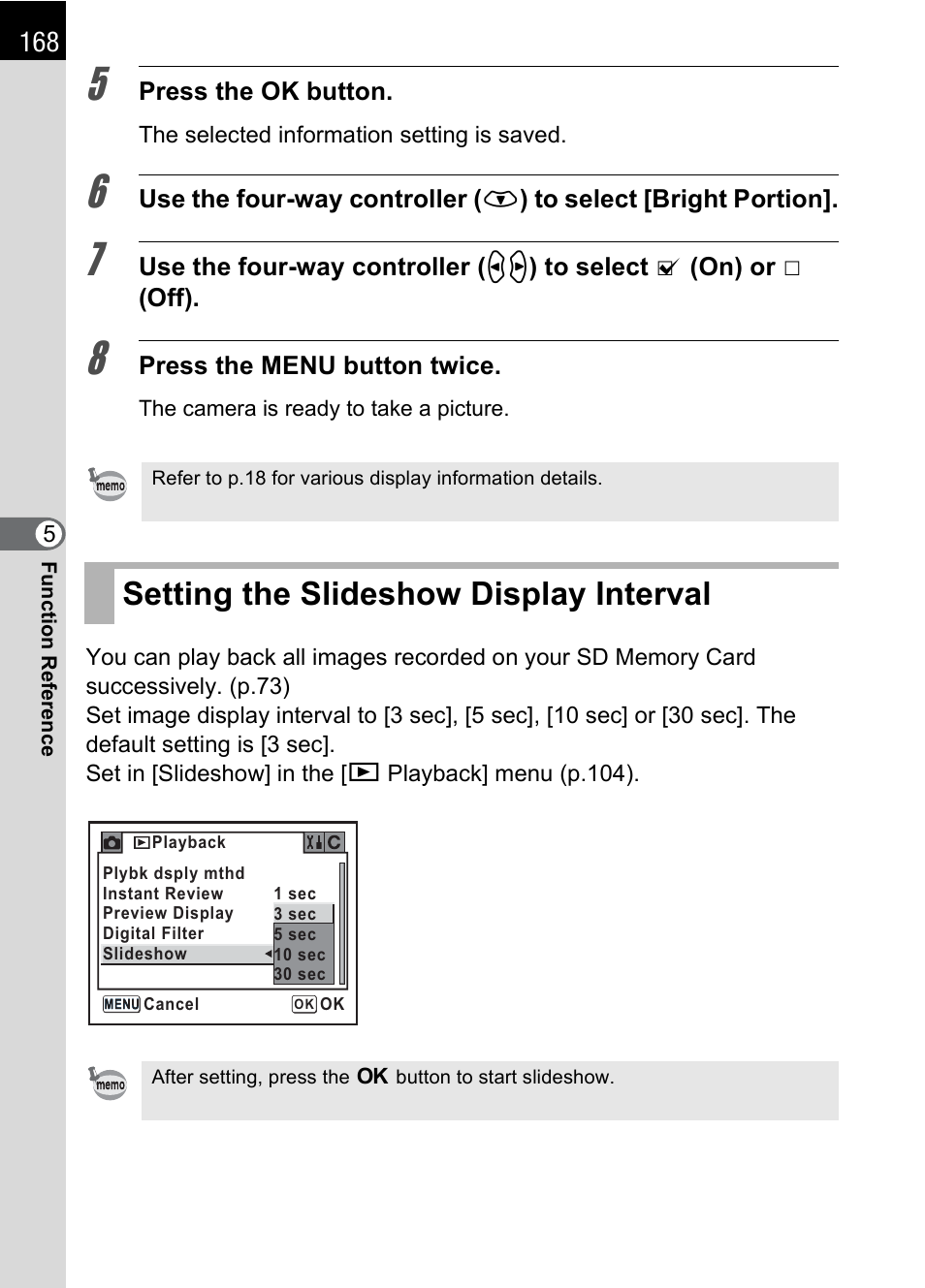Setting the slideshow display interval | Pentax K 100D Super User Manual | Page 170 / 220