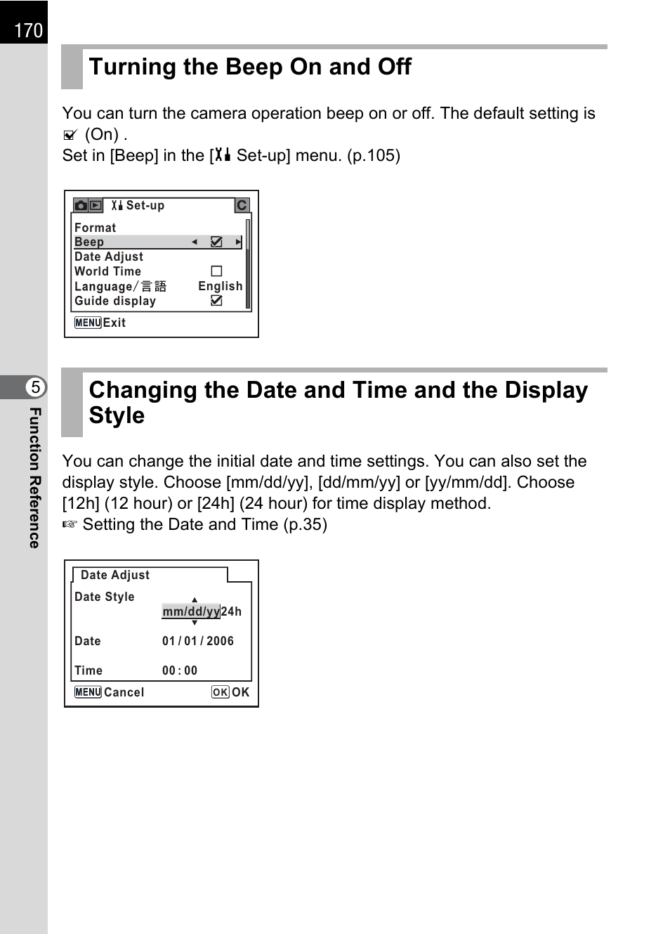 Turning the beep on and off, Changing the date and time and the display style, P.170) | P.170 | Pentax K 100D Super User Manual | Page 172 / 220