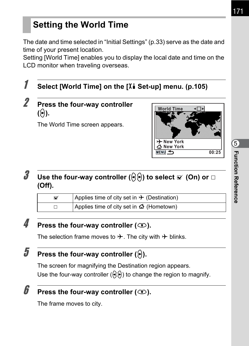 Setting the world time, P.171 | Pentax K 100D Super User Manual | Page 173 / 220