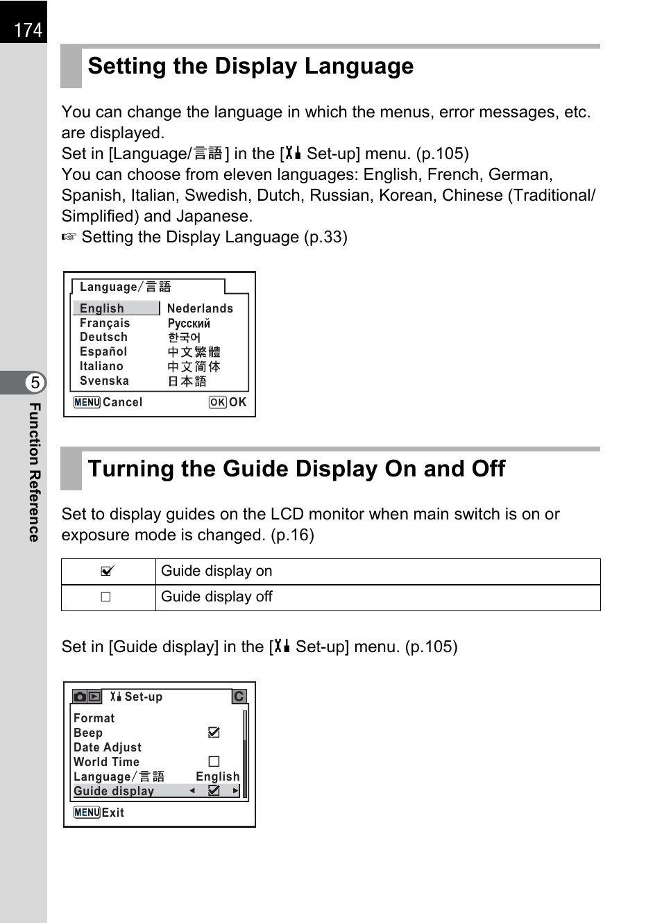 Setting the display language, Turning the guide display on and off, P.174 | Pentax K 100D Super User Manual | Page 176 / 220