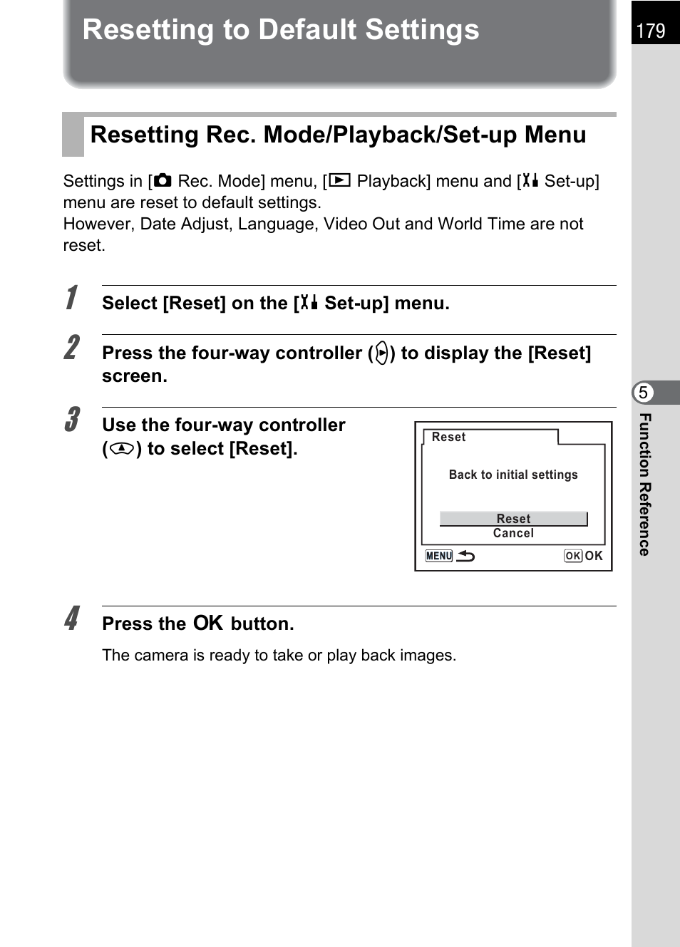 Resetting to default settings, Resetting rec. mode/playback/set-up menu, P.179 | Pentax K 100D Super User Manual | Page 181 / 220