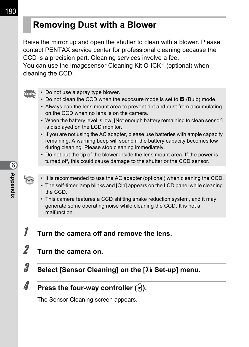Removing dust with a blower | Pentax K 100D Super User Manual | Page 192 / 220