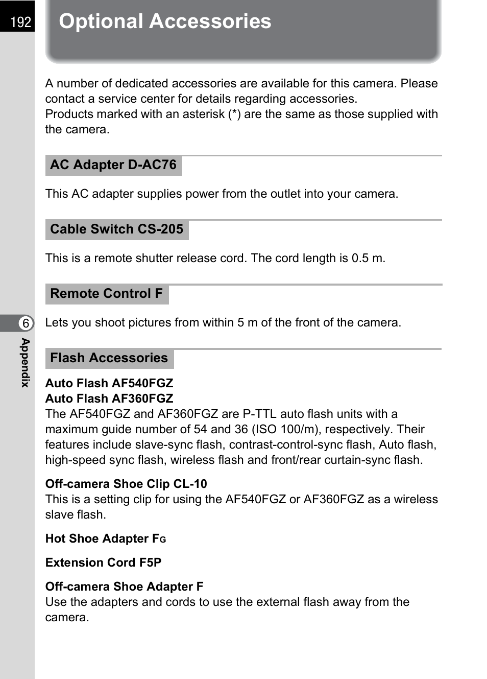 Optional accessories | Pentax K 100D Super User Manual | Page 194 / 220