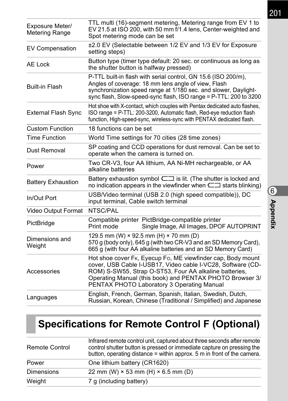 Specifications for remote control f (optional) | Pentax K 100D Super User Manual | Page 203 / 220