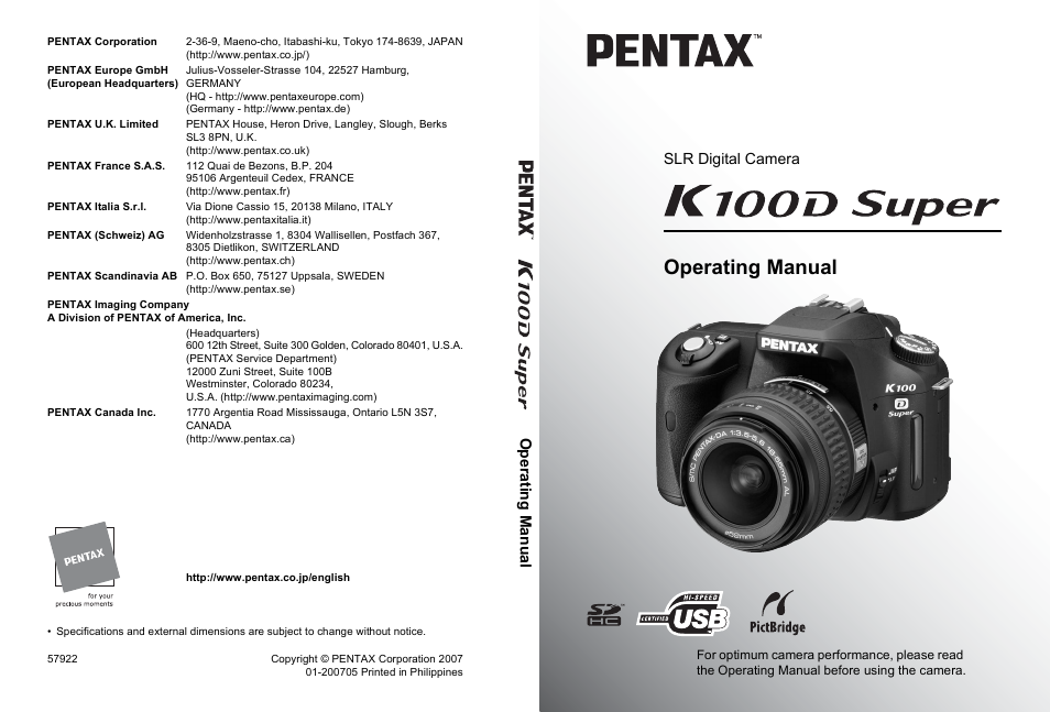 Operating manual, Op era tin g m anual, Slr digital camera | Pentax K 100D Super User Manual | Page 220 / 220