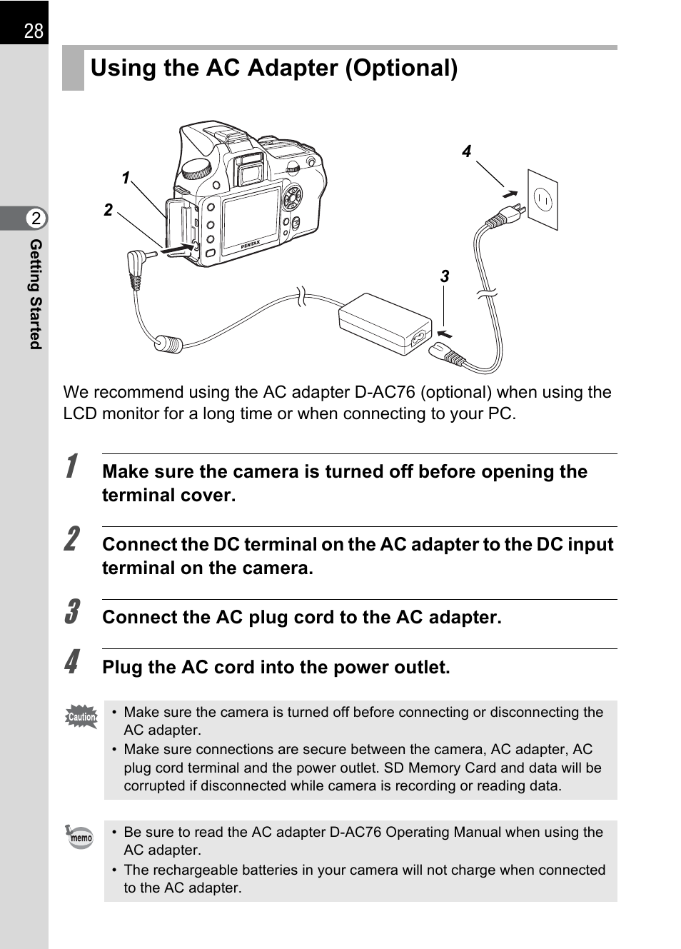 Using the ac adapter (optional) | Pentax K 100D Super User Manual | Page 30 / 220