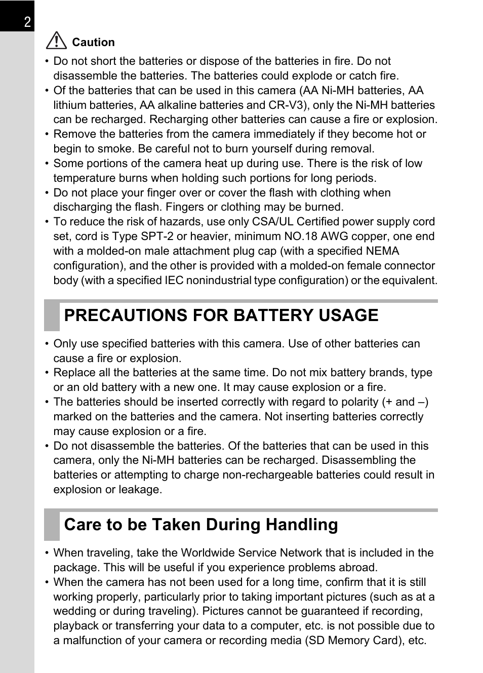 Precautions for battery usage, Care to be taken during handling | Pentax K 100D Super User Manual | Page 4 / 220