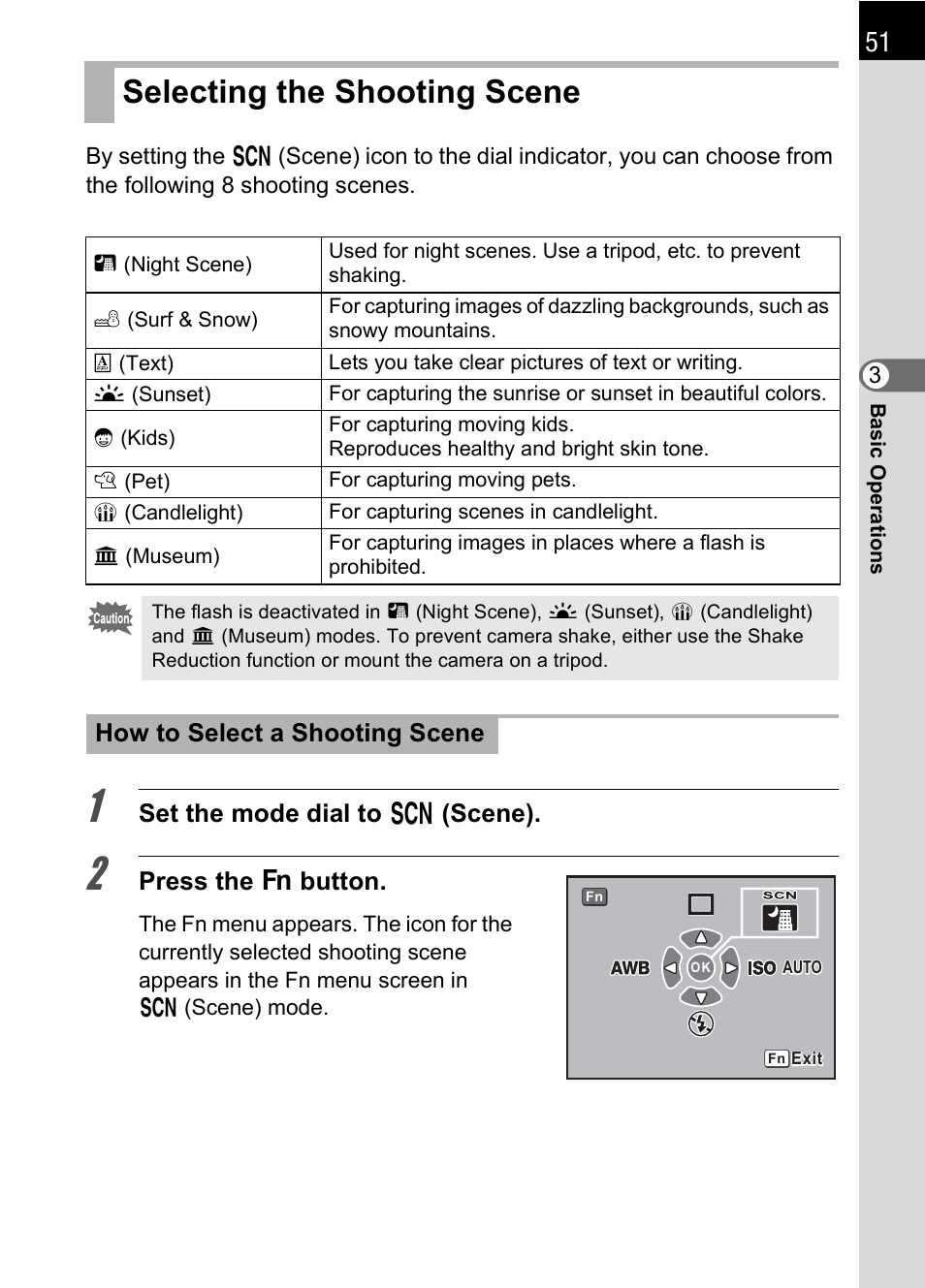 Selecting the shooting scene, Set the mode dial to h (scene), Press the { button | How to select a shooting scene | Pentax K 100D Super User Manual | Page 53 / 220