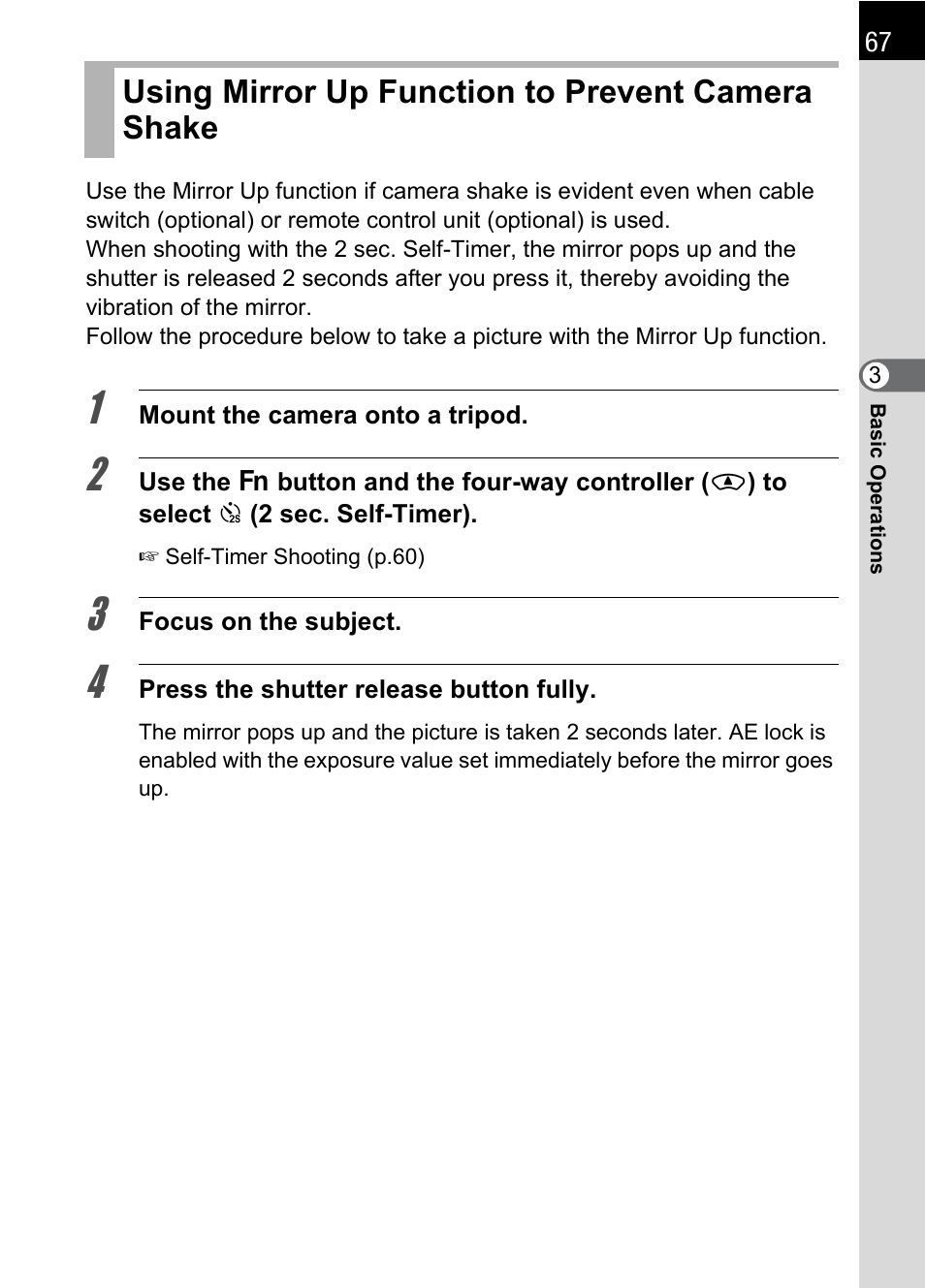 Using mirror up function to prevent camera shake | Pentax K 100D Super User Manual | Page 69 / 220