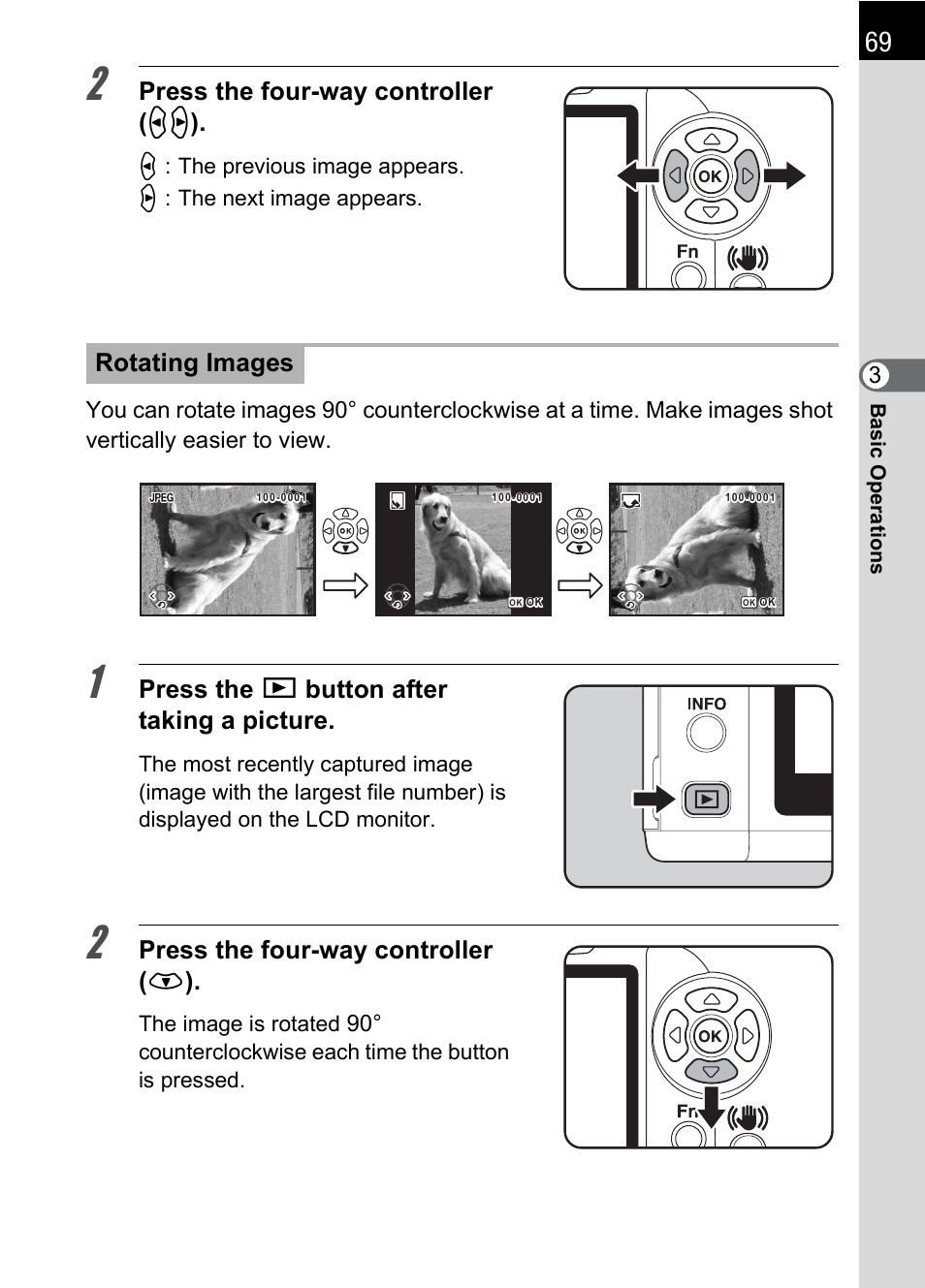 P.69), Press the four-way controller ( op ), Press the q button after taking a picture | Press the four-way controller ( n ), Rotating images | Pentax K 100D Super User Manual | Page 71 / 220
