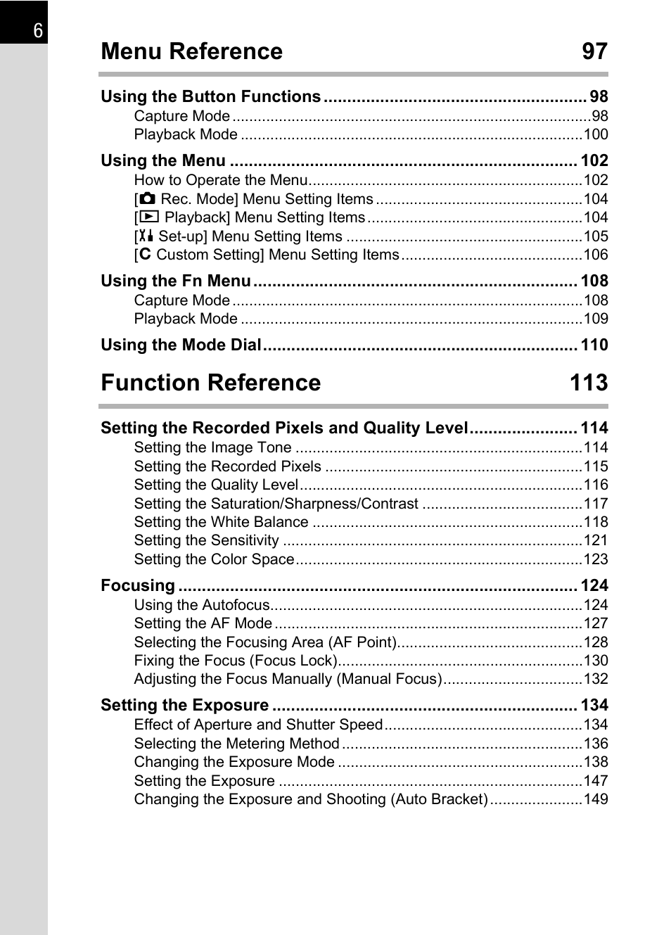 Menu reference 97, Function reference 113 | Pentax K 100D Super User Manual | Page 8 / 220