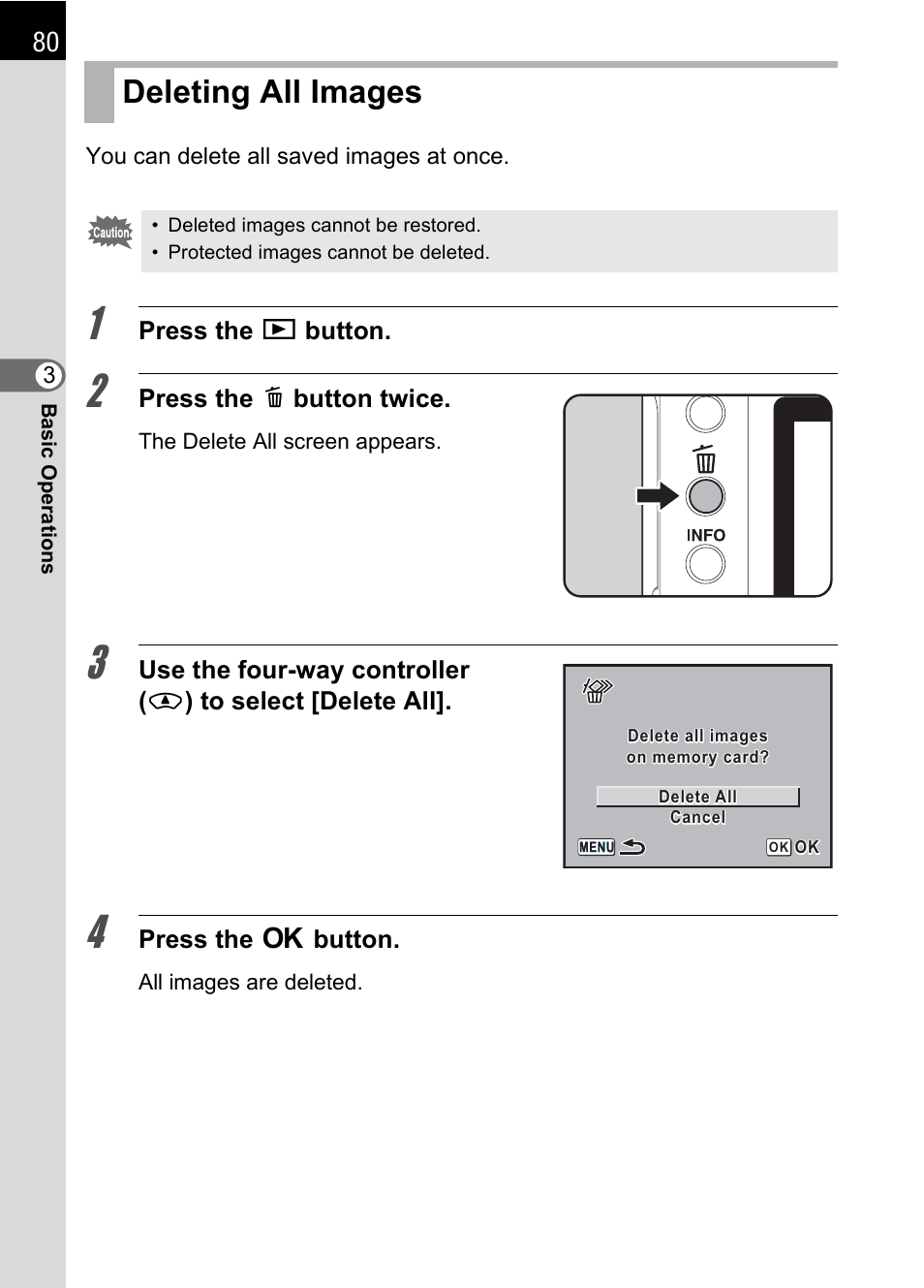 Deleting all images | Pentax K 100D Super User Manual | Page 82 / 220