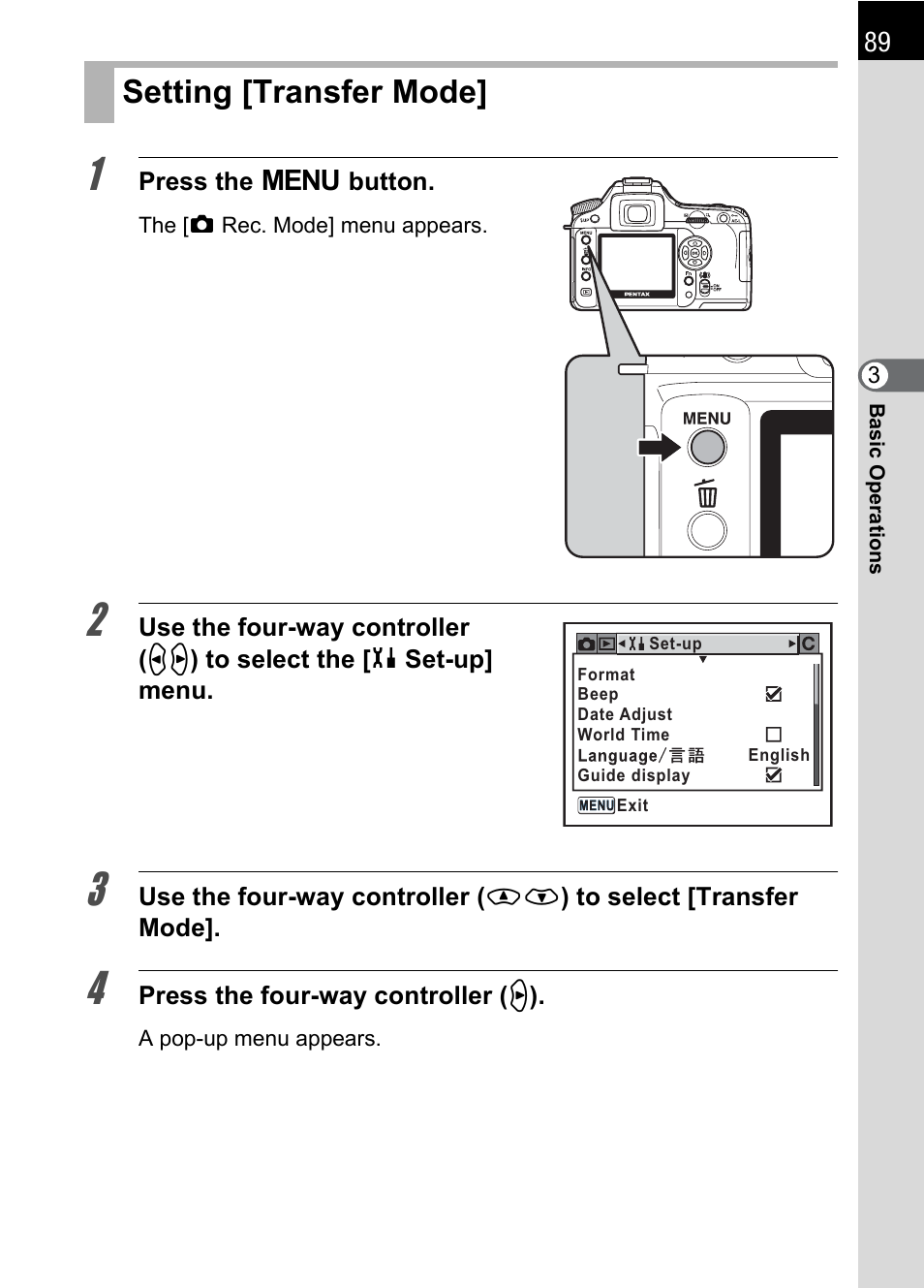 Setting [transfer mode, E] (p.89) | Pentax K 100D Super User Manual | Page 91 / 220
