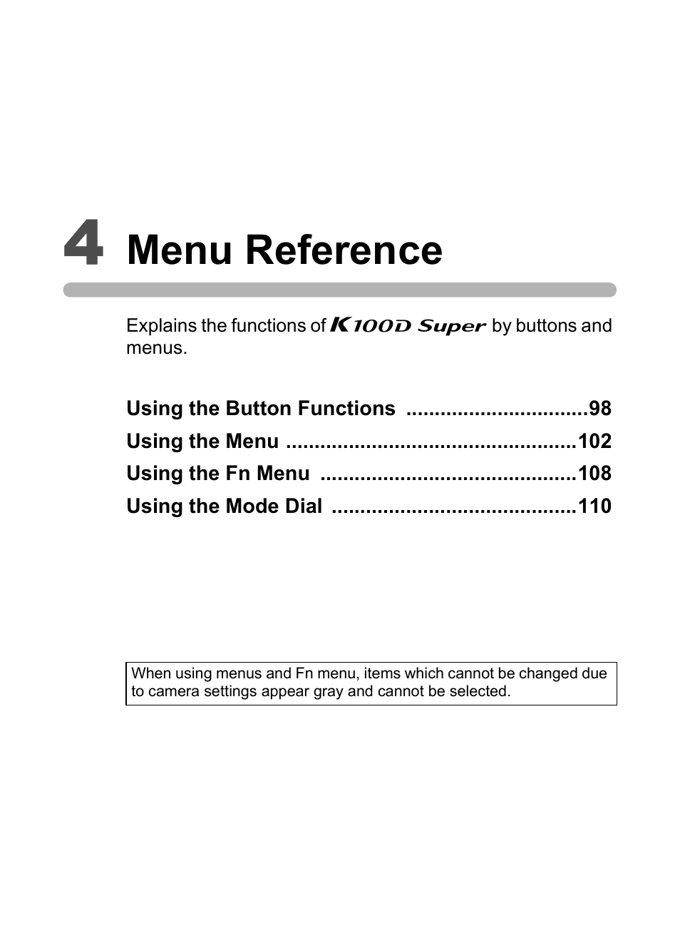 4 menu reference, Menu reference | Pentax K 100D Super User Manual | Page 99 / 220