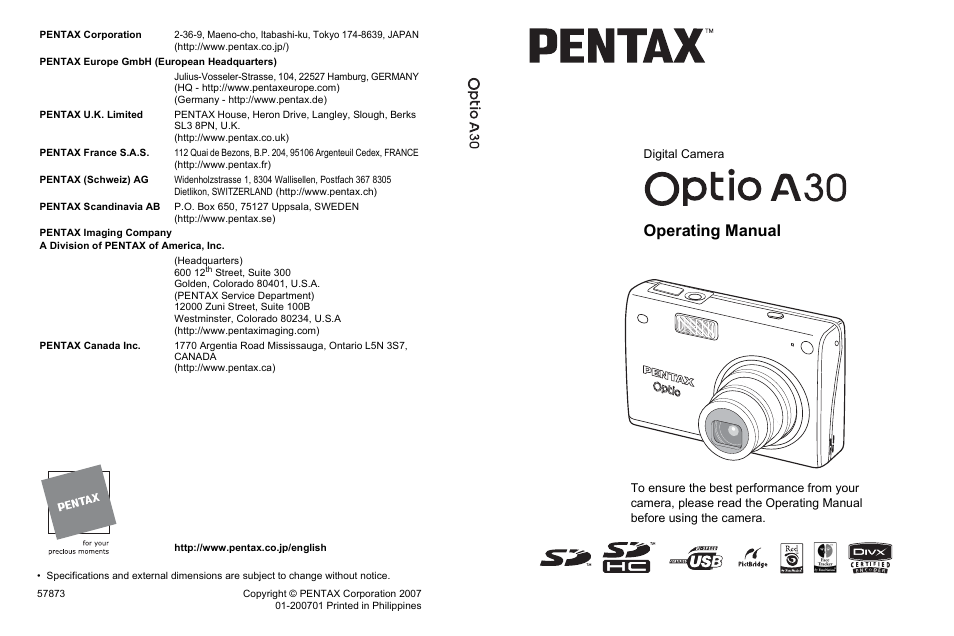 Pentax A30E User Manual | 203 pages