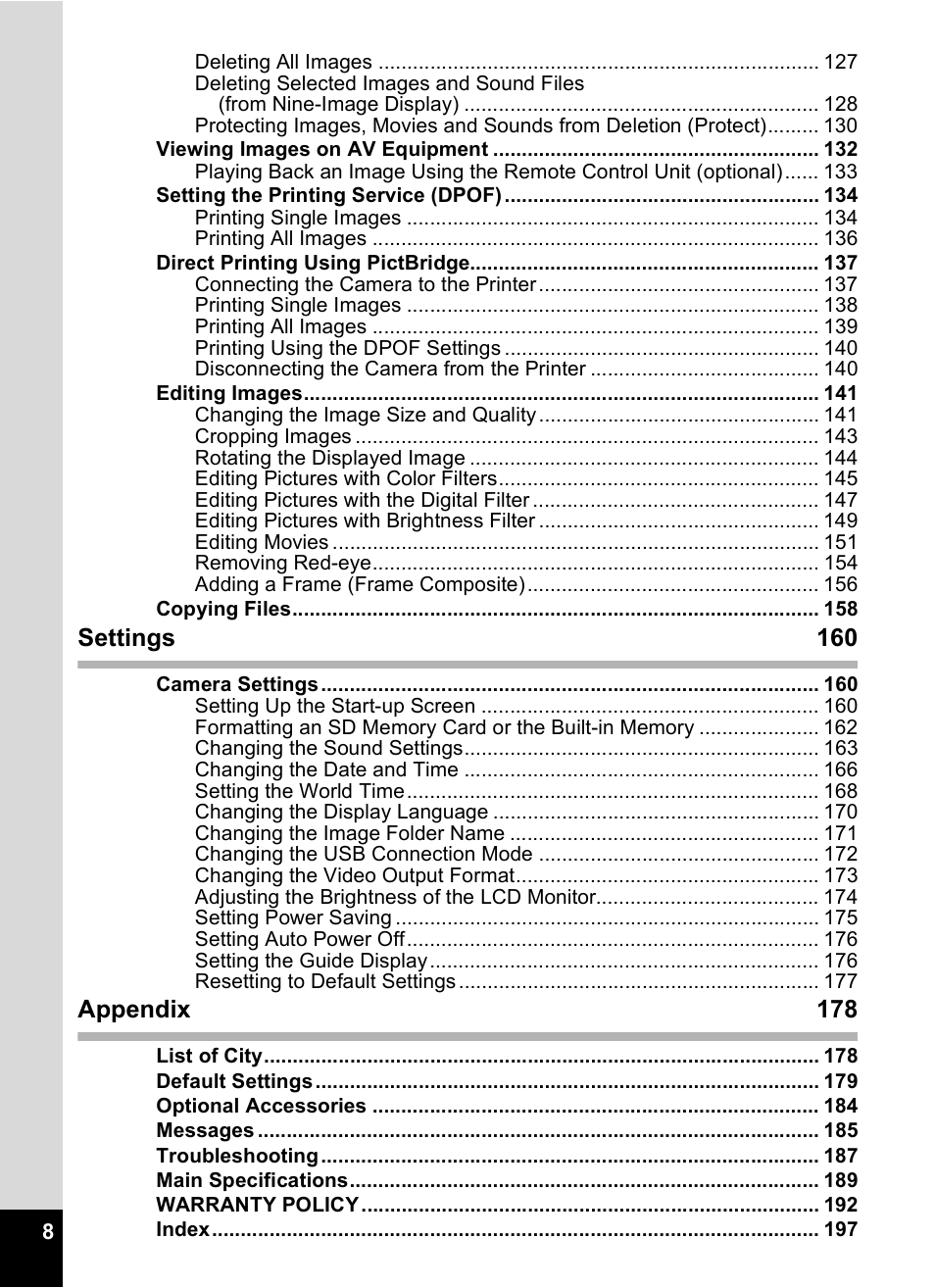 Settings 160, Appendix 178 | Pentax A30E User Manual | Page 10 / 203