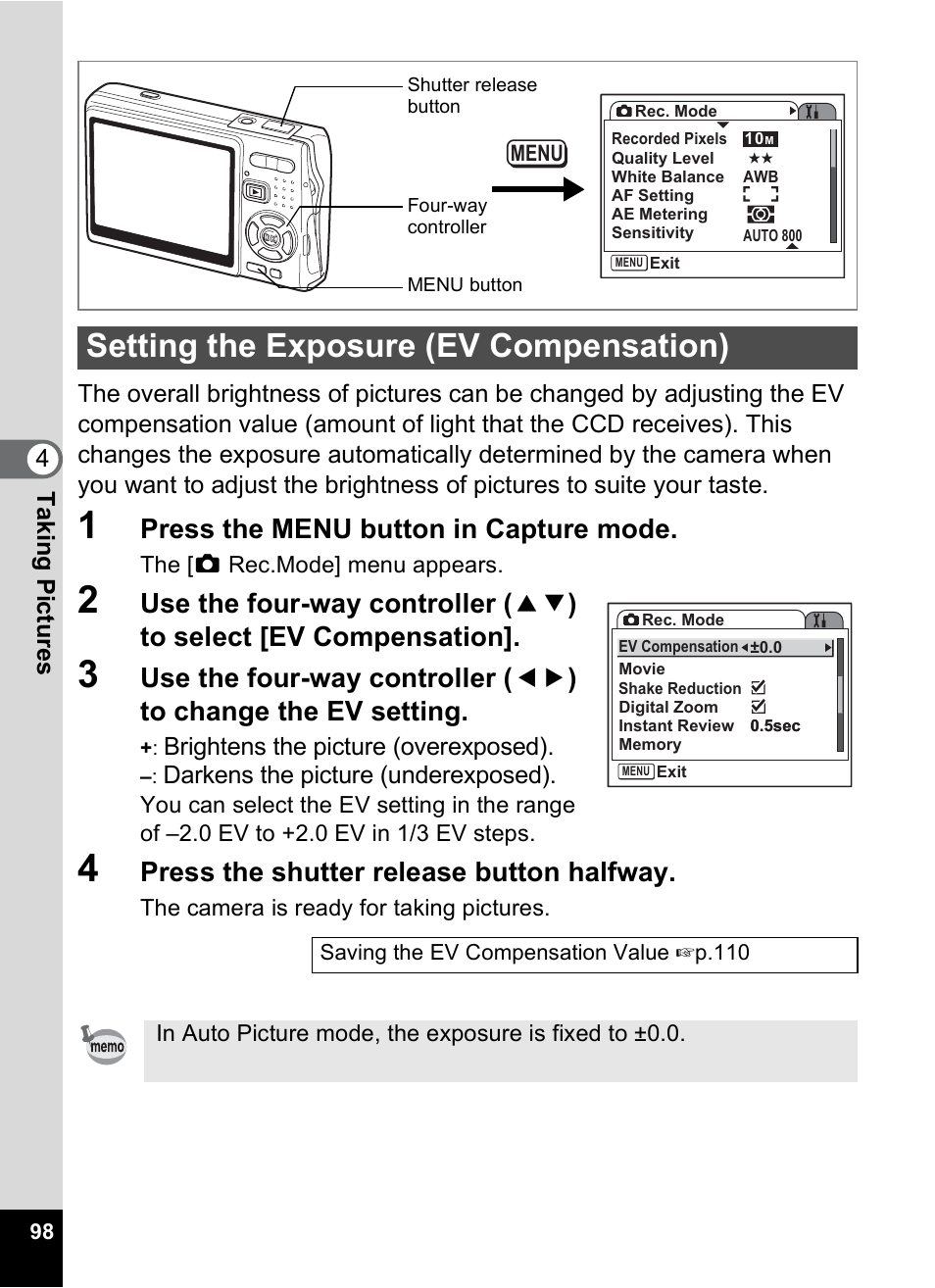 Setting the exposure (ev compensation), P.98, Press the menu button in capture mode | Press the shutter release button halfway | Pentax A30E User Manual | Page 100 / 203