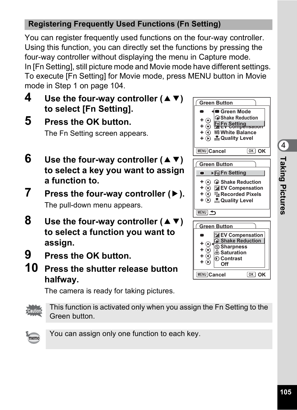 Press the ok button, Press the four-way controller ( 5 ), Press the shutter release button halfway | Pentax A30E User Manual | Page 107 / 203