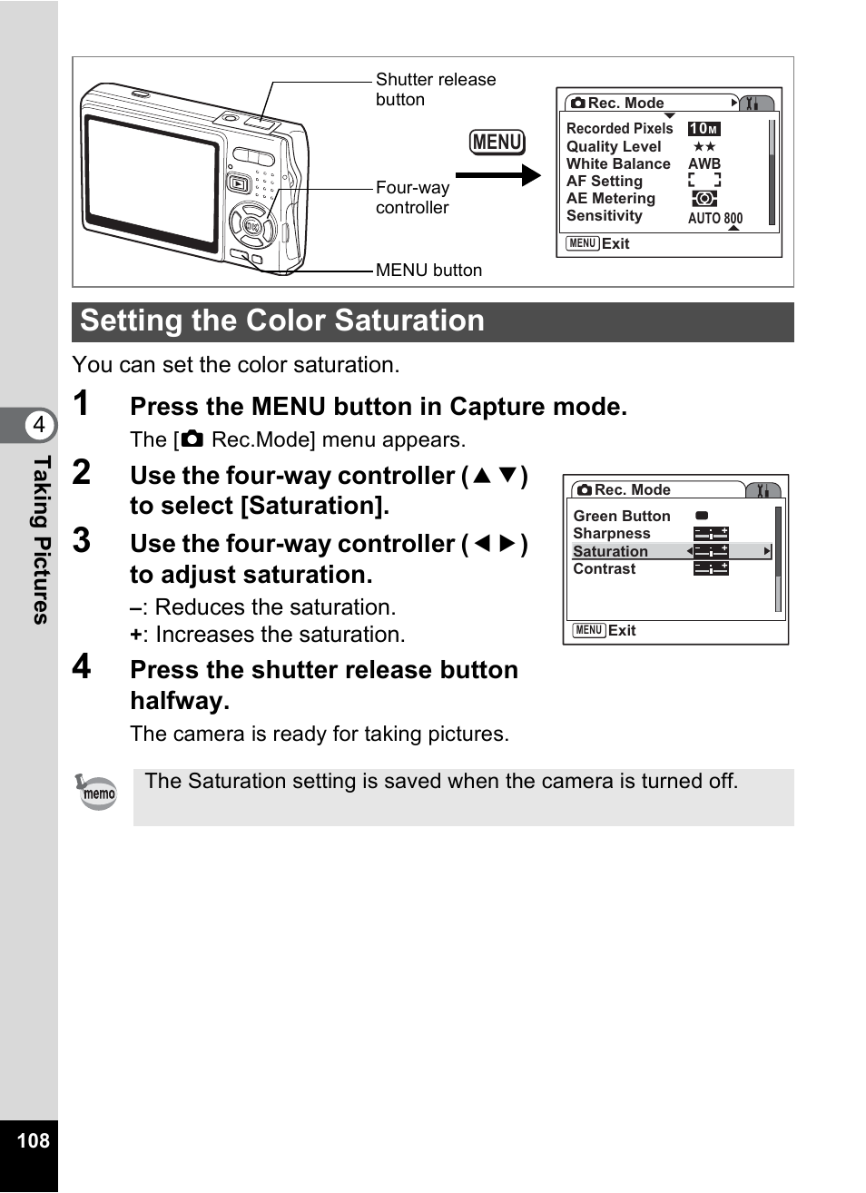 Setting the color saturation, P.108, Press the menu button in capture mode | Press the shutter release button halfway | Pentax A30E User Manual | Page 110 / 203