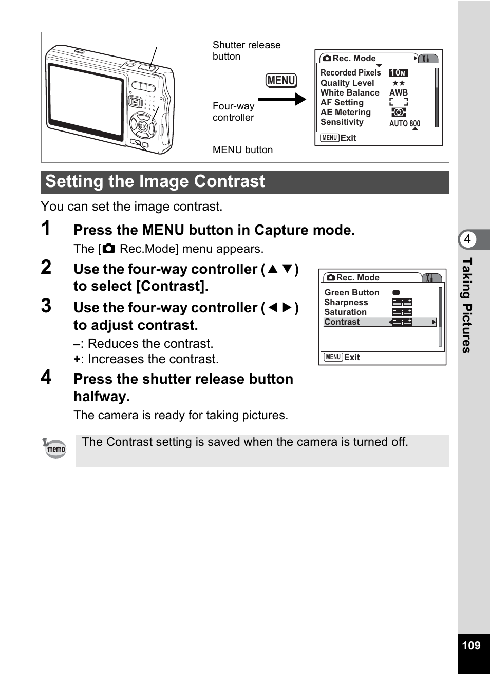 Setting the image contrast, P.109, Press the menu button in capture mode | Press the shutter release button halfway | Pentax A30E User Manual | Page 111 / 203