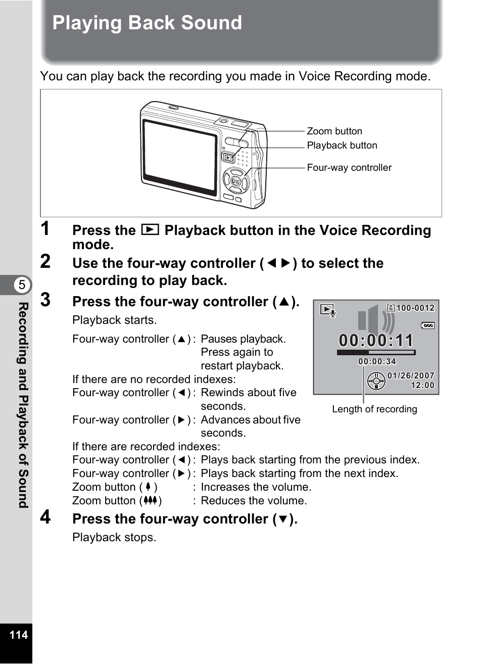 Playing back sound, P.114), Press the four-way controller ( 2 ) | Press the four-way controller | Pentax A30E User Manual | Page 116 / 203