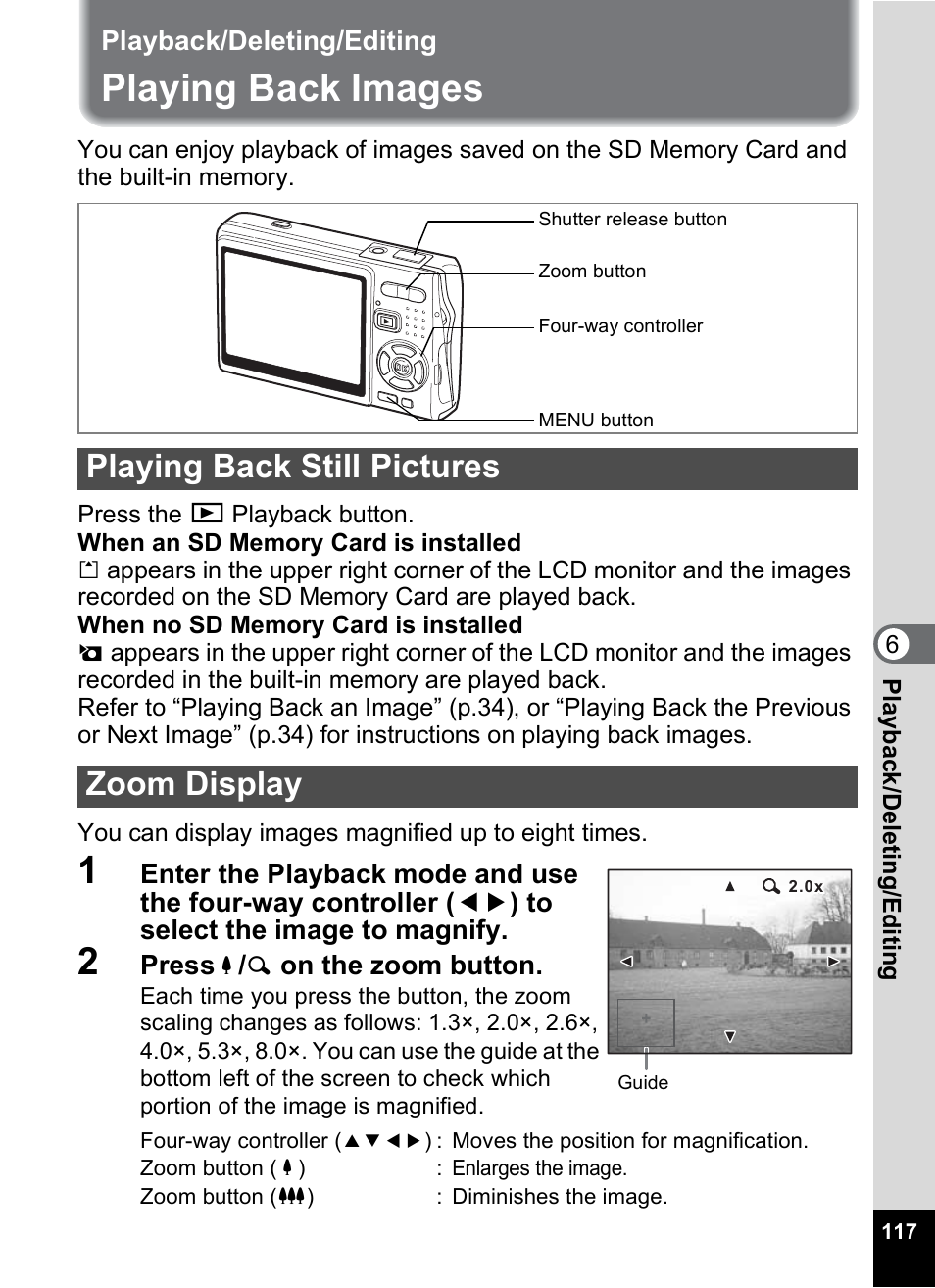 Playback/deleting/editing, Playing back images, Playing back still pictures | Zoom display, P.117-122, P.117, 1p.117), P.117), Playing back still pictures zoom display | Pentax A30E User Manual | Page 119 / 203